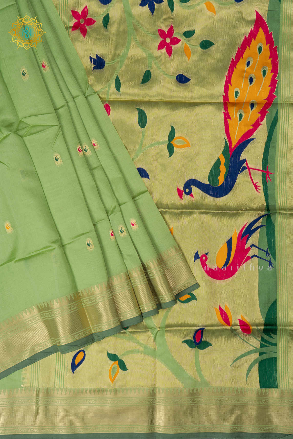 Light Green Semi Tussar Silk Saree Zari Buttas On The Body With Paithani Border & Pallu