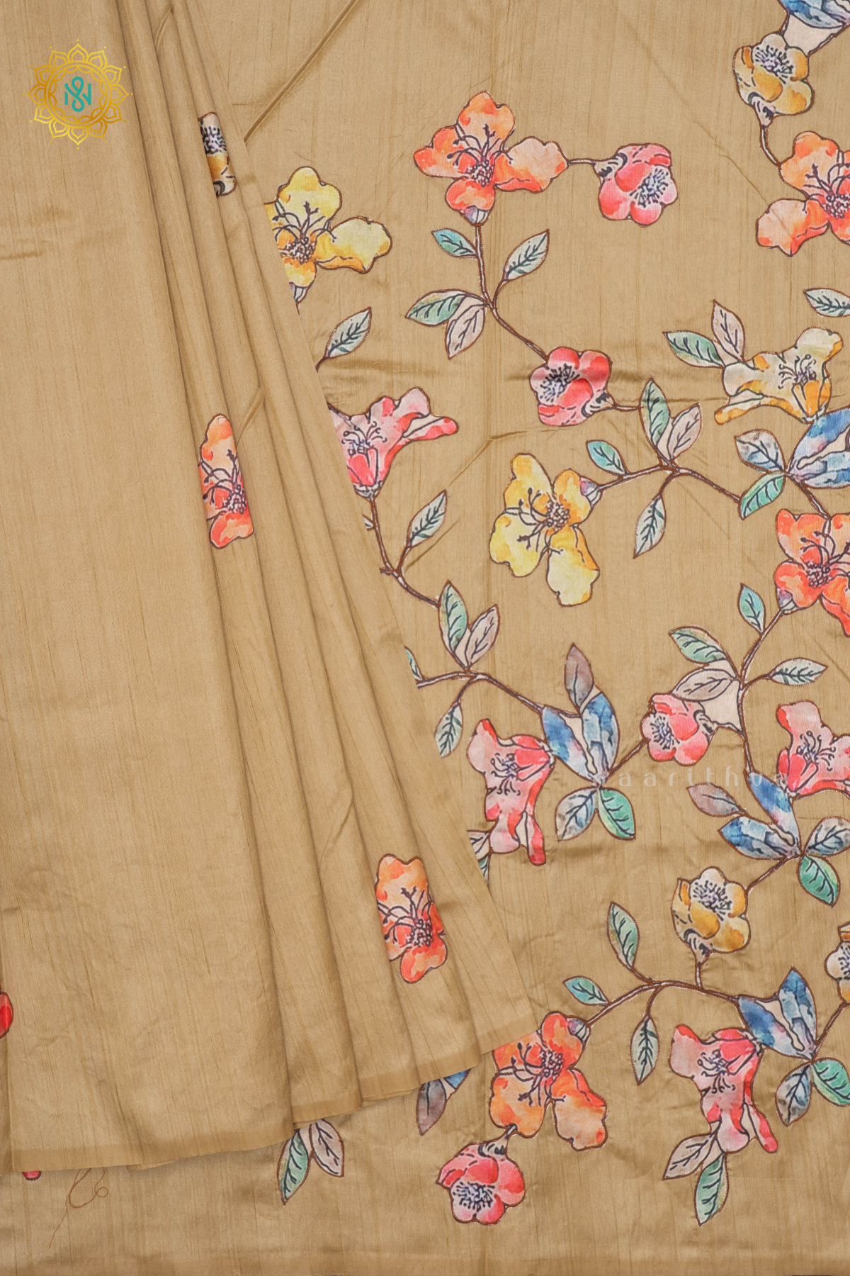 BEIGE WITH OFF WHITE - SEMI TUSSAR WITH APPLIQUE WORK