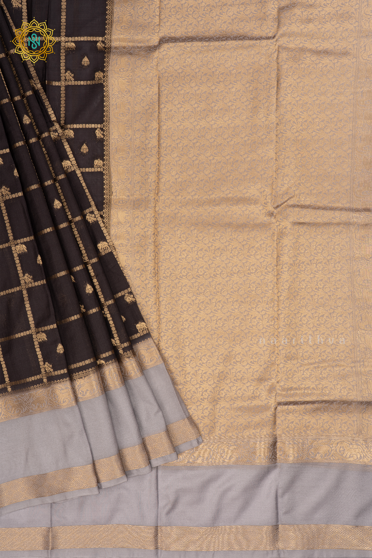 Black With Grey Semi Crepe Silk Saree All Over Zari Checks And Buttas With Contrast Zari Gap Border