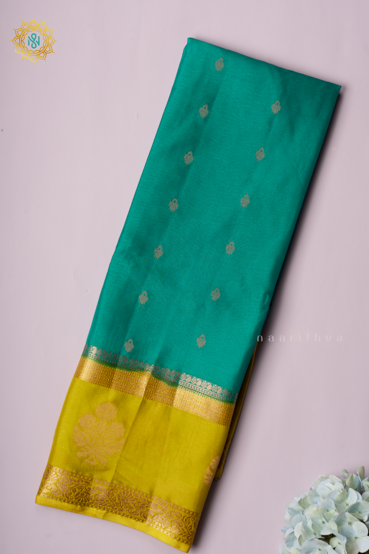 CYAN GREEN WITH LEMON YELLOW - SEMI MYSORE CREPE SILK