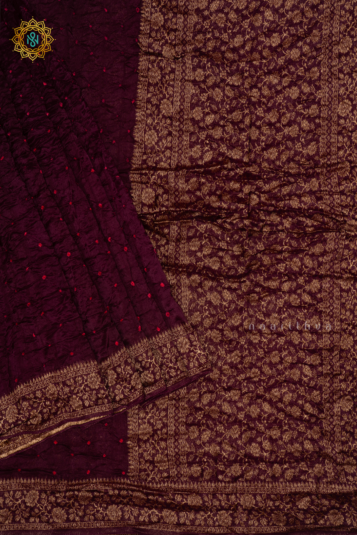 WINE - SEMI TUSSAR WITH BANDHANI TIE & DYE