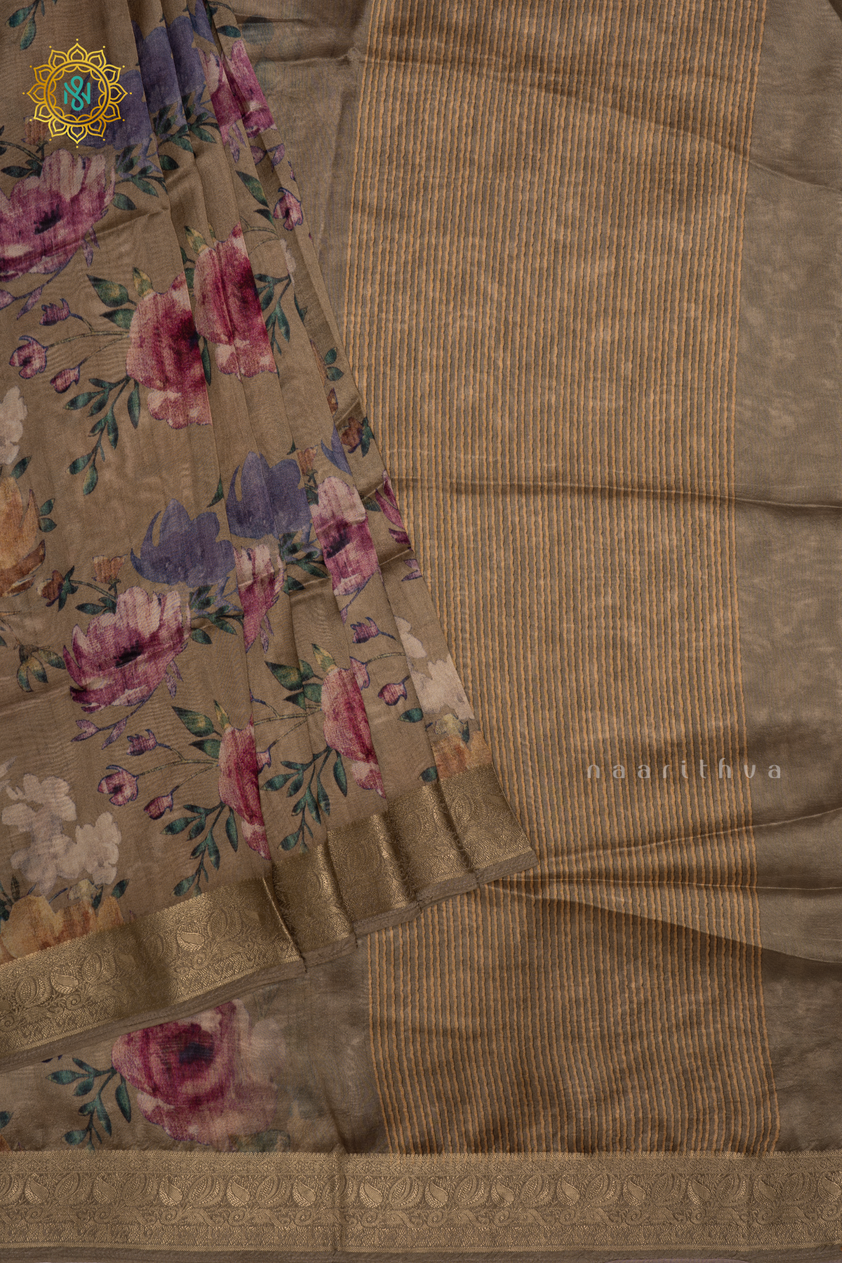 Light Brown Organza Crepe Saree With Floral Prints On The Body And Zari Border