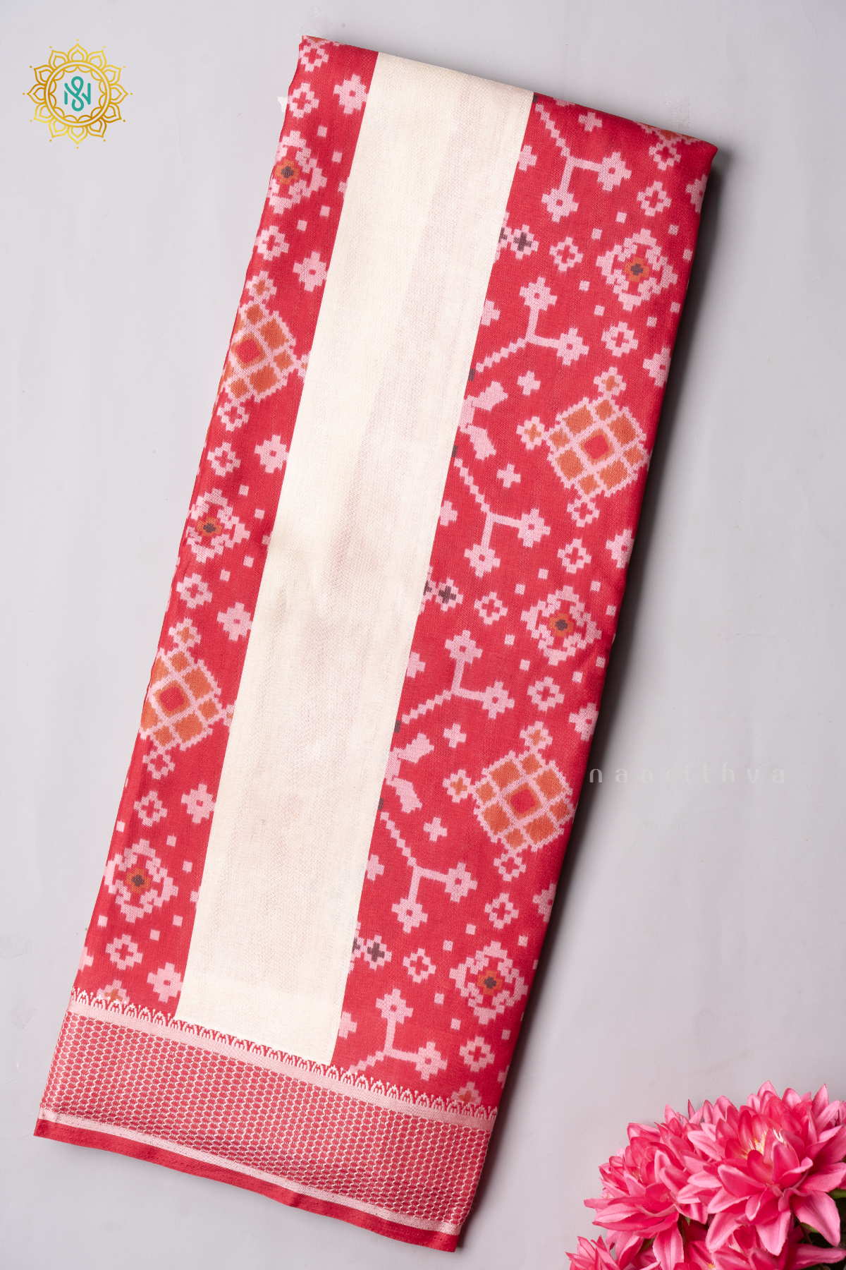 RED WITH OFF WHITE - SEMI TUSSAR SILK