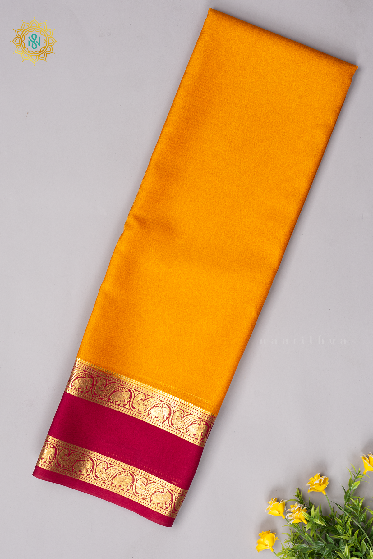YELLOW WITH RED - PURE MYSORE CREPE SILK