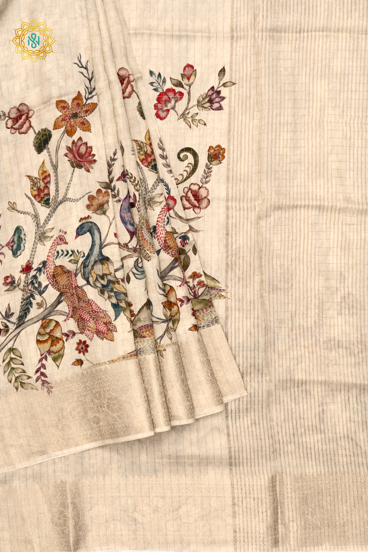 OFF WHITE WITH RED - SEMI CREPE SILK