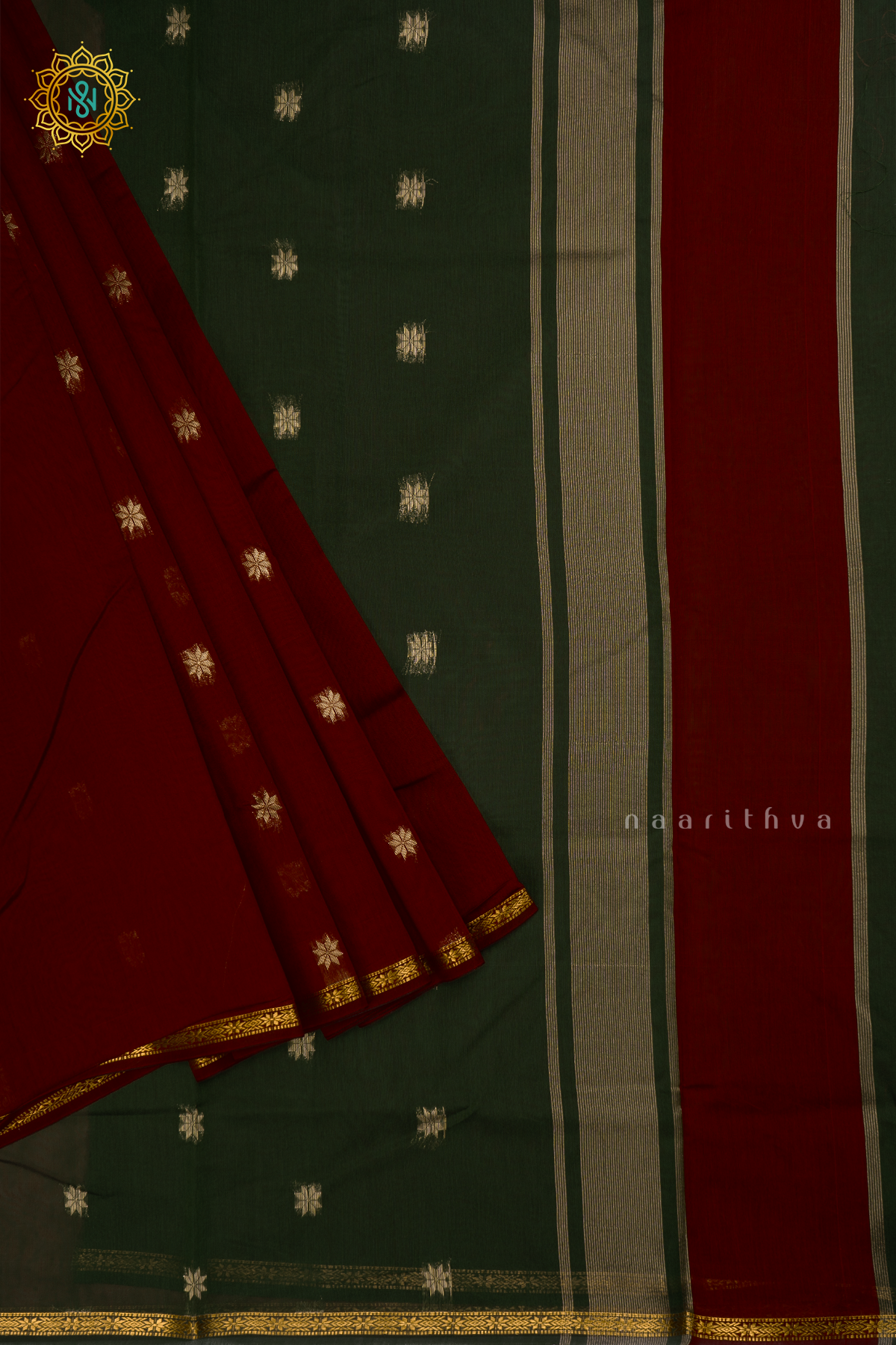 Maroon With Green Silk Cotton Saree With Zari Woven Buttas And Contrast Zari Border