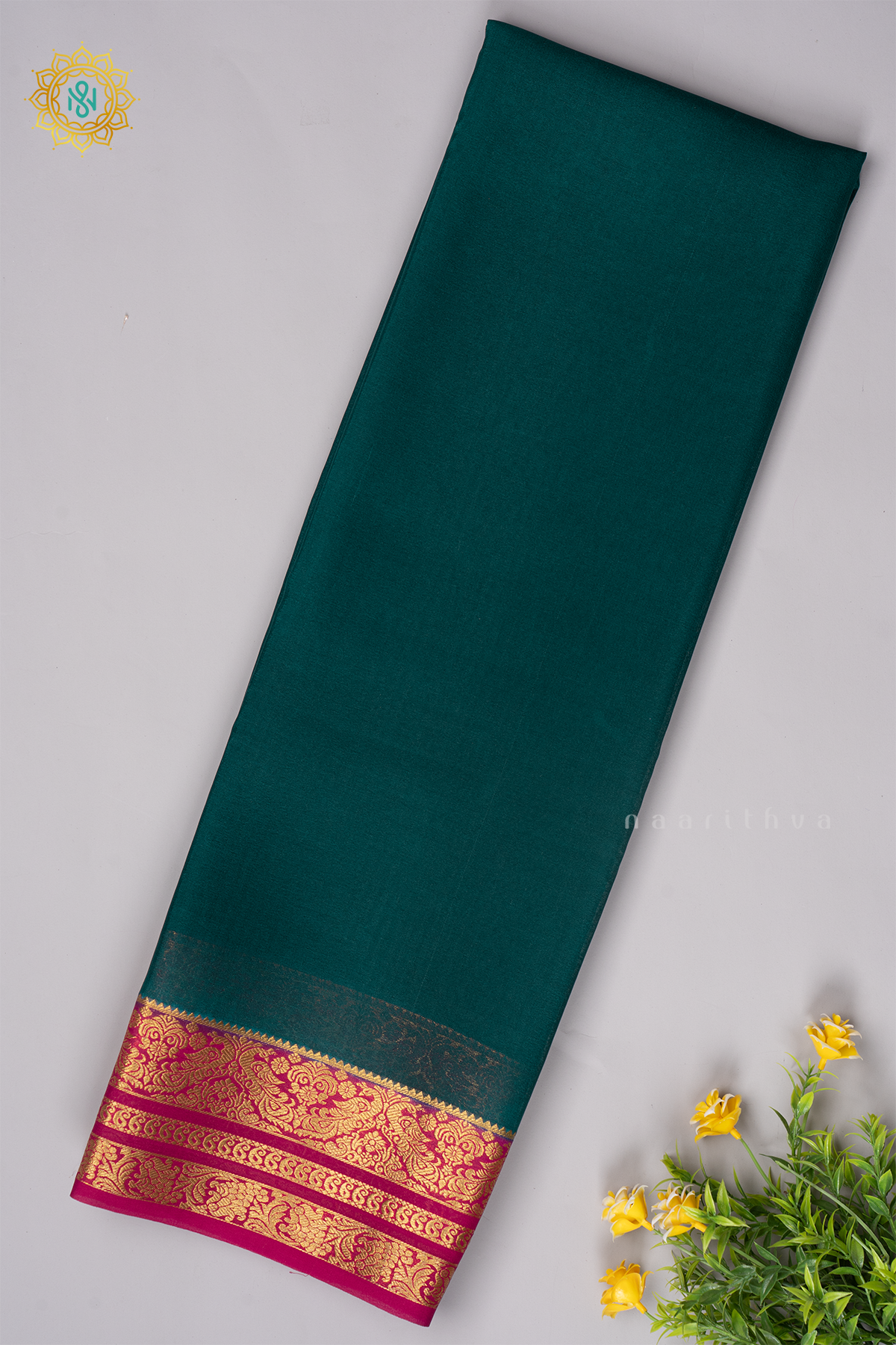 PEACOCK GREEN WITH PINK - PURE MYSORE CREPE SILK