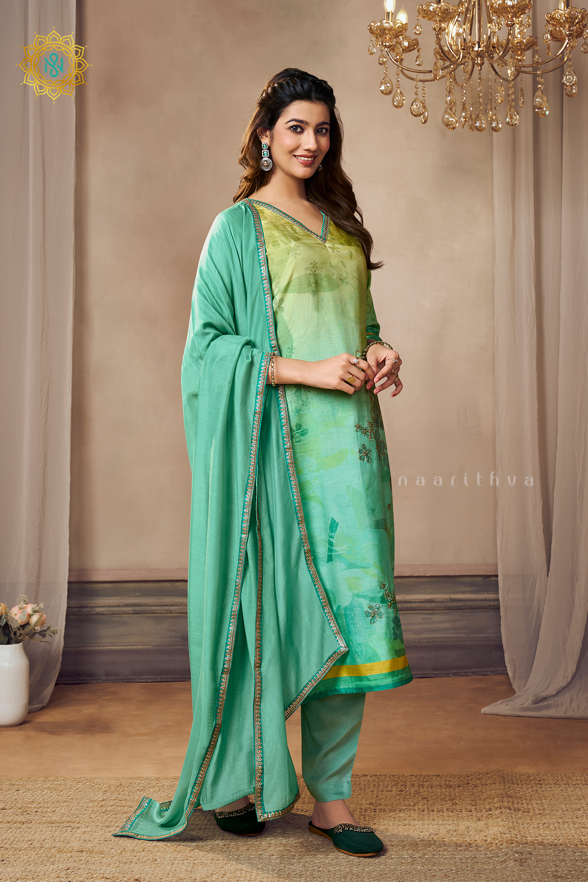 LIME GREEN WITH AQUA GREEN - CREPE 3PC SALWAR SUIT WITH TOP, BOTTOM & DUPATTA