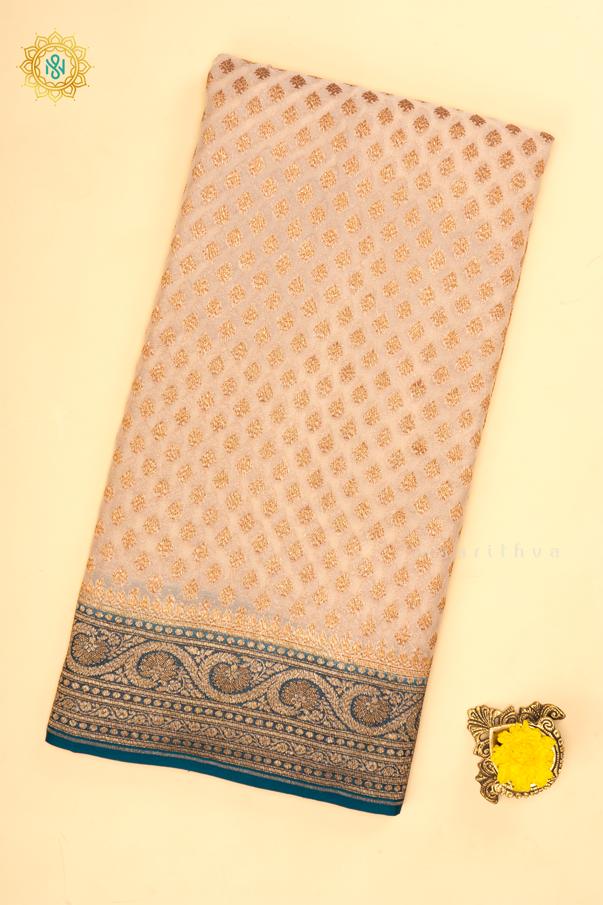 Off White With Blue Pure Banarasi Khaddi Georgette Saree Allover Zari Woven Buttas And Contrast Zari Woven Border