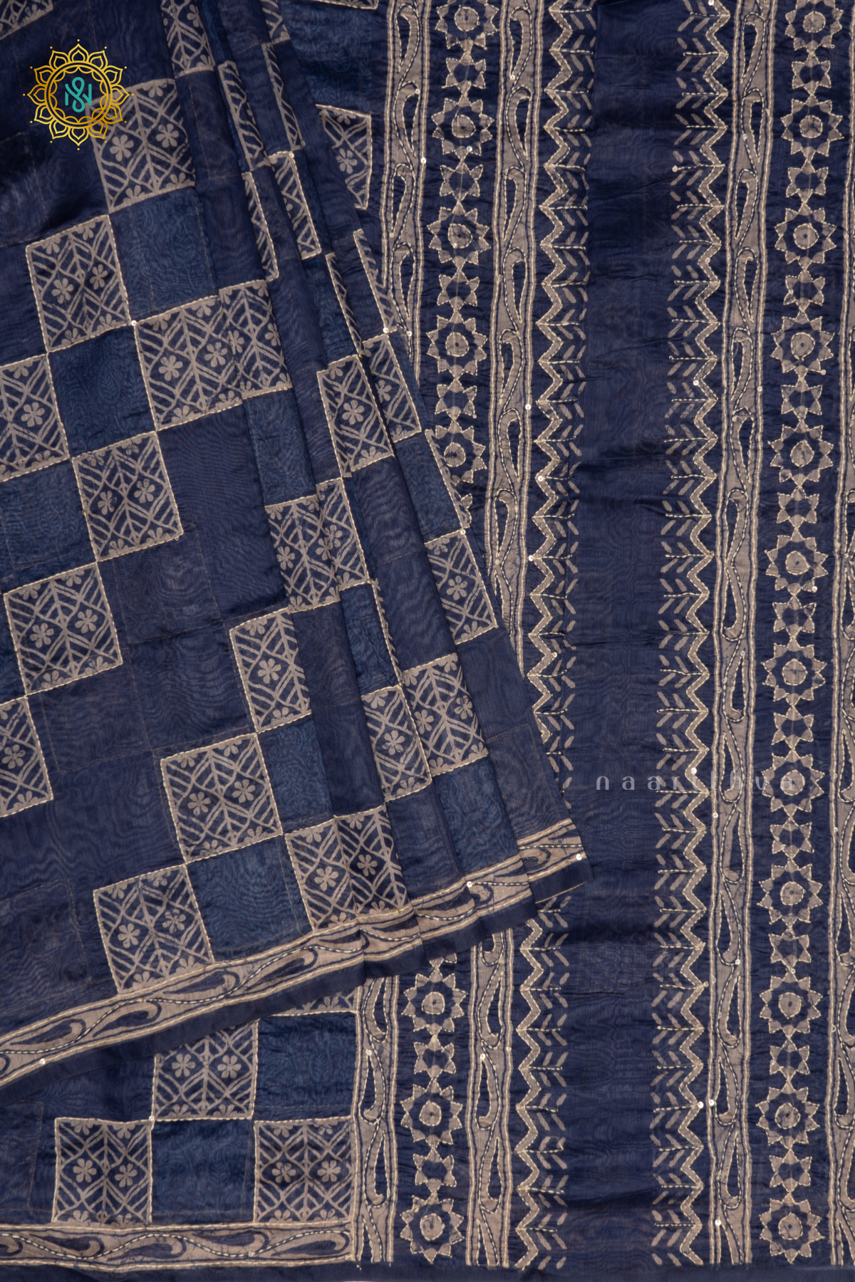 Indigo Chanderi Cotton Saree With Printed Body And Katha Work All Over