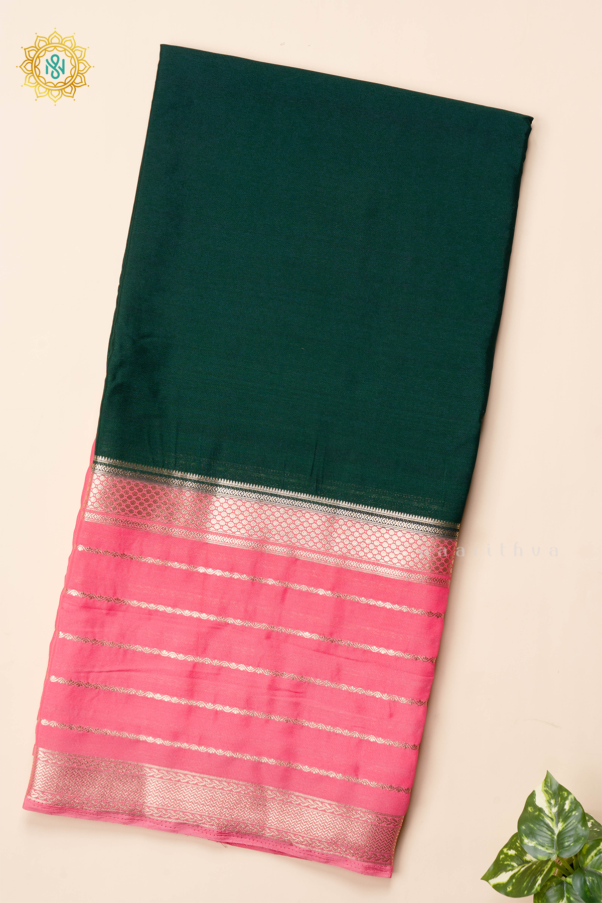 BOTTLE GREEN WITH PEACH - SEMI MYSORE CREPE SILK