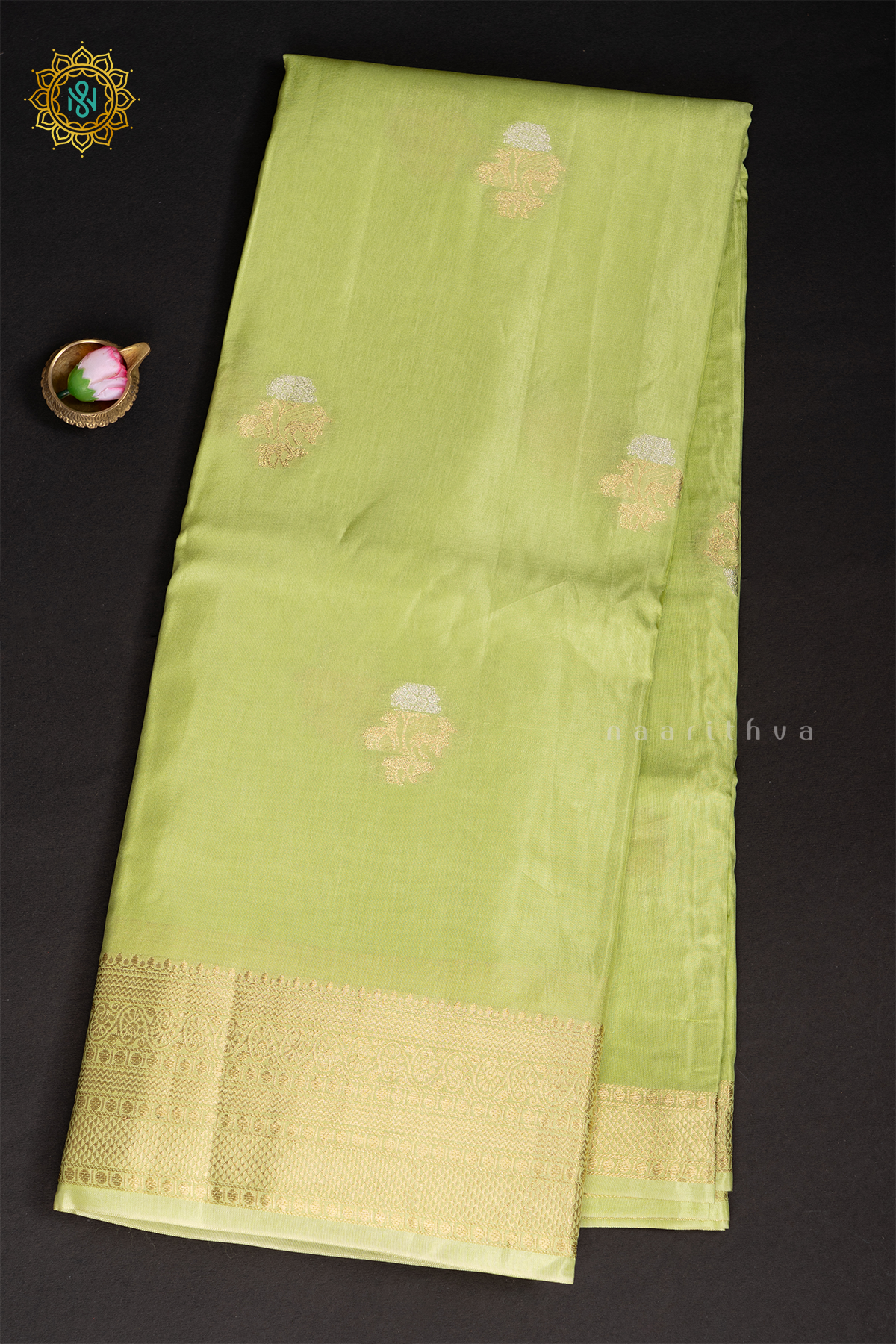 LIGHT GREEN WITH PEACHISH PINK - SEMI CREPE SILK
