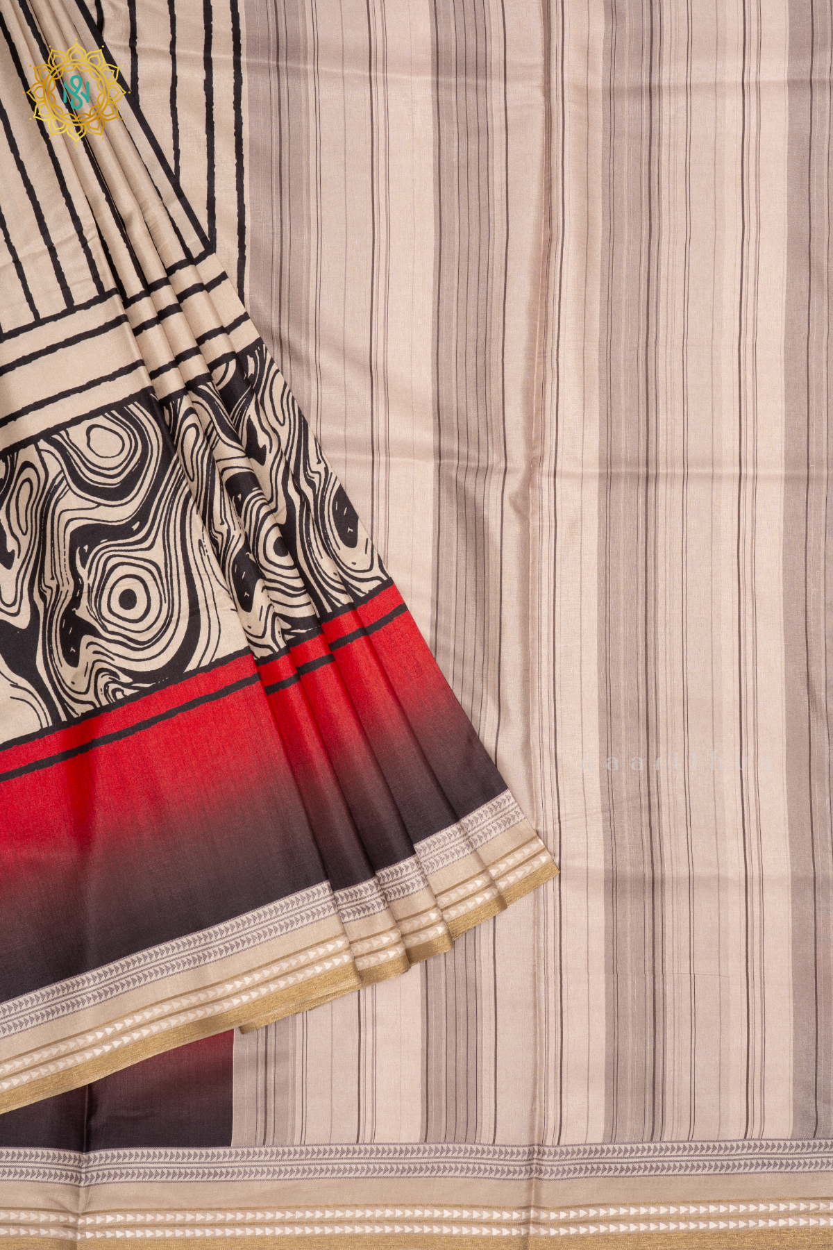 BEIGE WITH RED - SEMI CREPE SILK SAREE DIGITAL PRINTS AND ZARI WOVEN BORDER