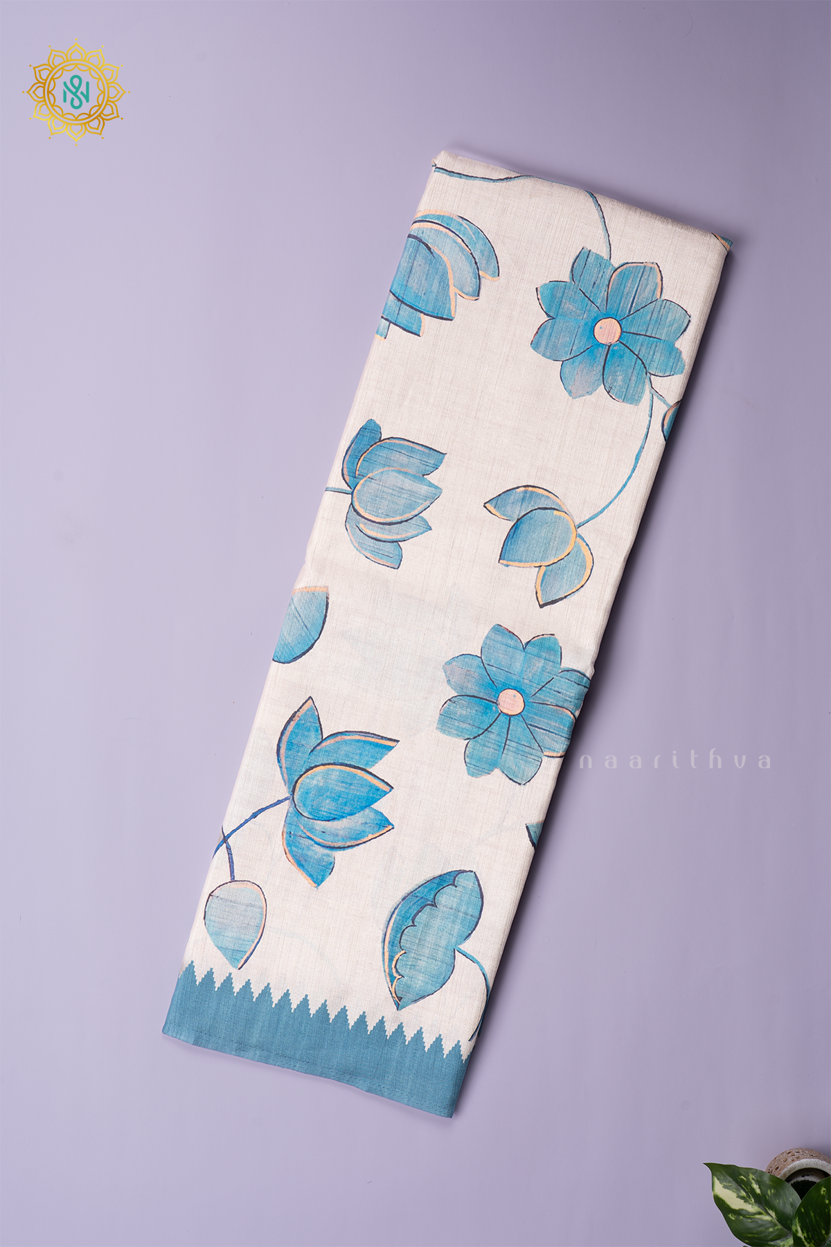 OFF WHITE WITH AQUA BLUE - SEMI TUSSAR SILK
