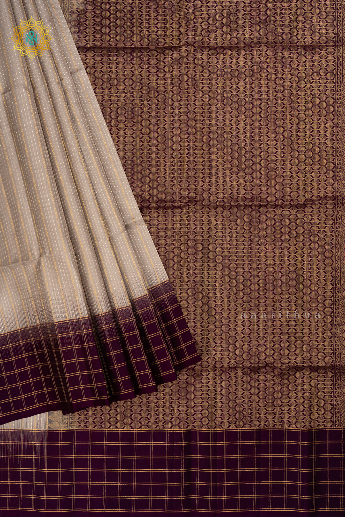 Grey with Purple Pure Kanjivaram Soft Silk Saree With Allover Zari Stripes and Contrast Zari Checks Border
