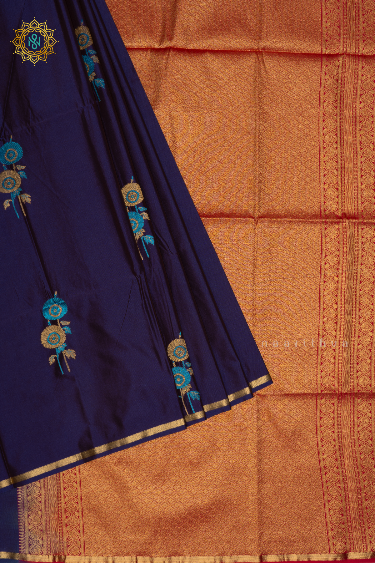 NAVY BLUE WITH RED - SEMI SOFT SILK SAREE ALLOVER ZARI BUTTAS AND CONTRAST GAP BORDER