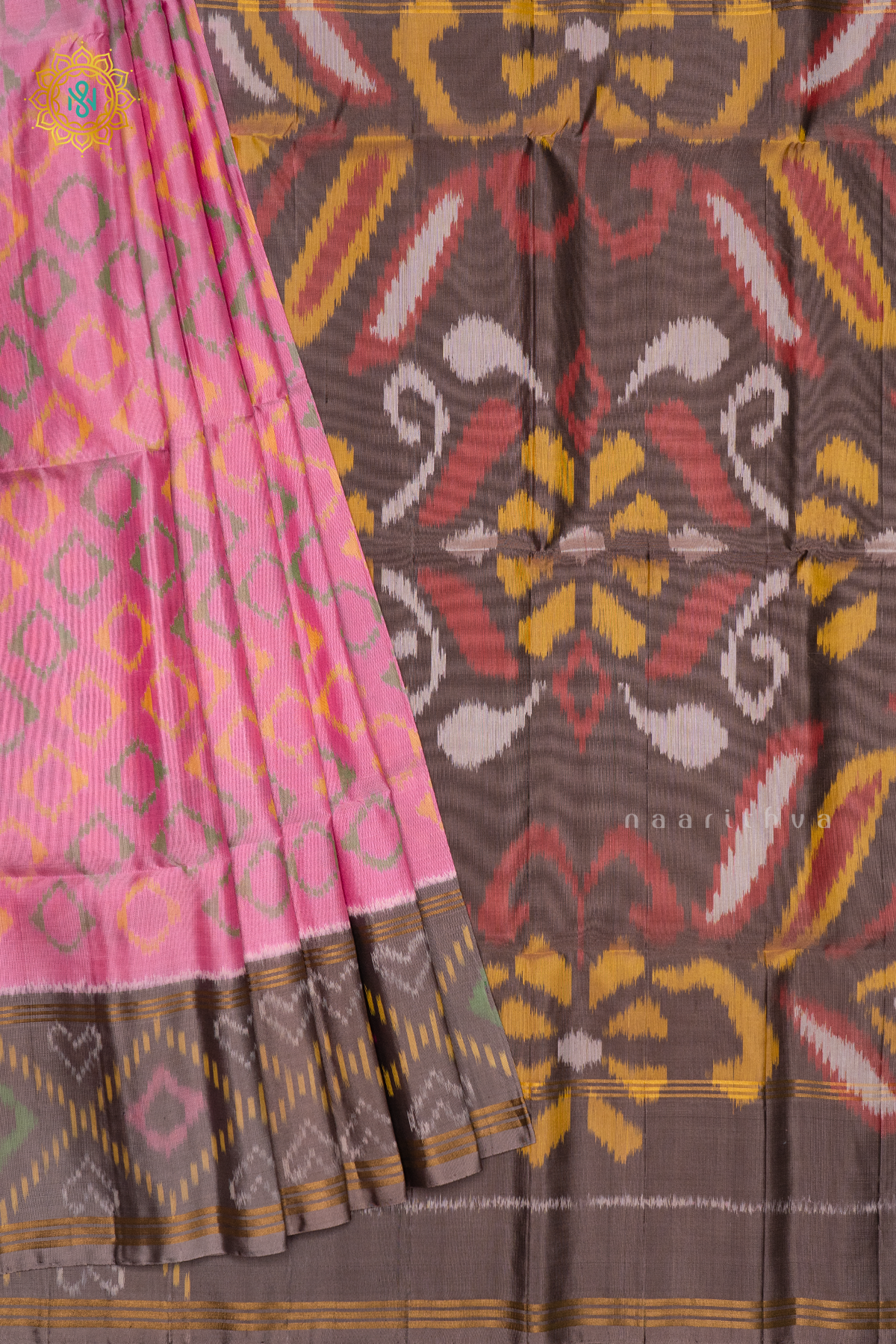 LIGHT PINK WITH GREYISH BROWN - PURE KANJIVARAM IKAT SOFT SILK