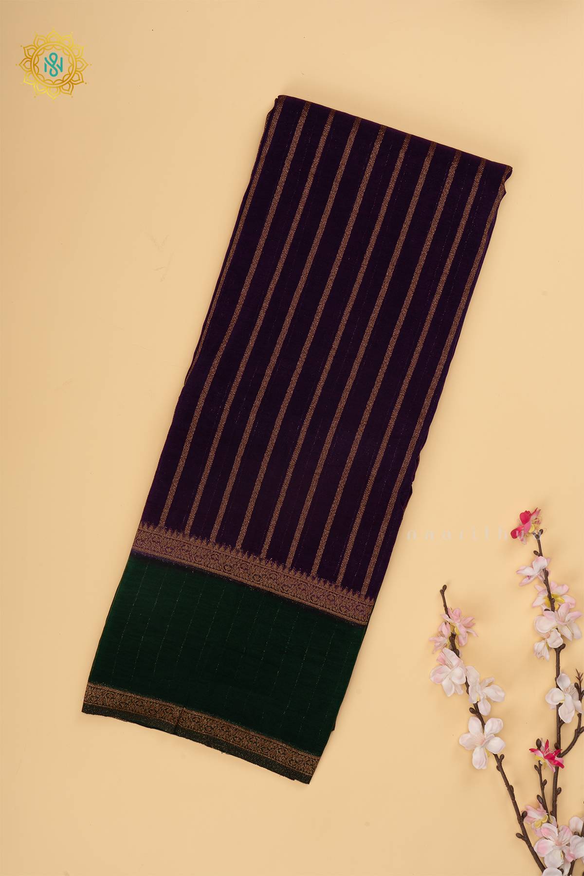 Purple with Bottle Green Semi Chiffon Georgette Saree with Allover Zari Stripes and Zari Gap Border