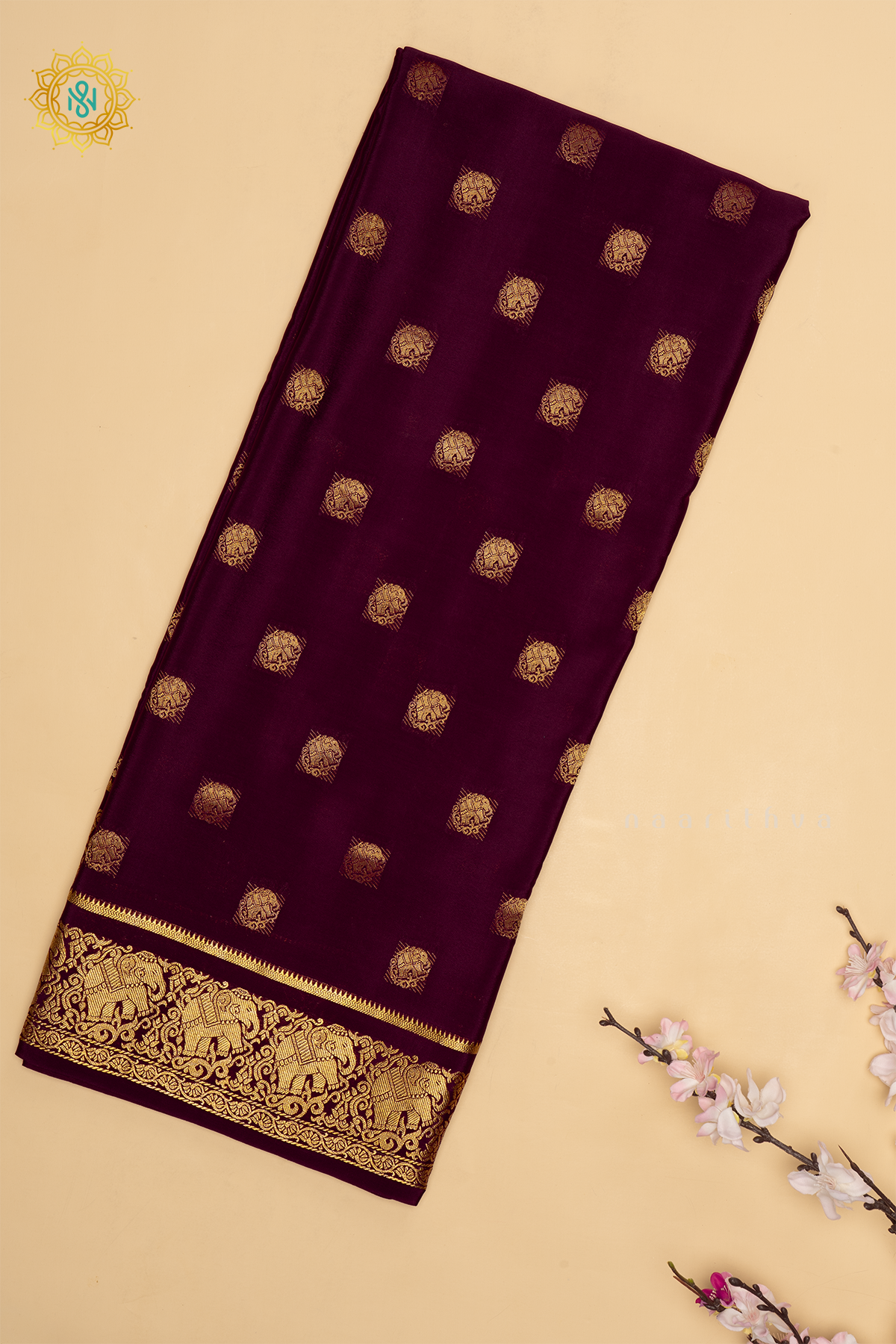 Deep Wine Pure Mysore Crepe Silk Saree With Zari Buttas On The Body and Zari Border