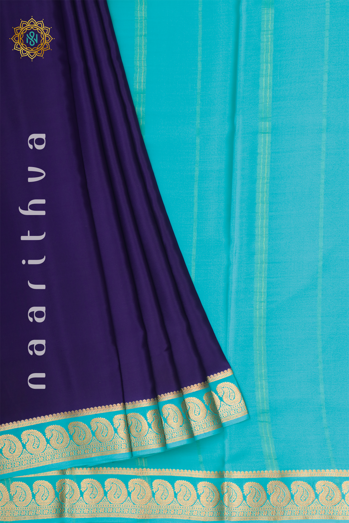 Navy Blue with Aqua Blue Pure Mysore Crepe Silk Allover Plain Body with Contrast Zari Border