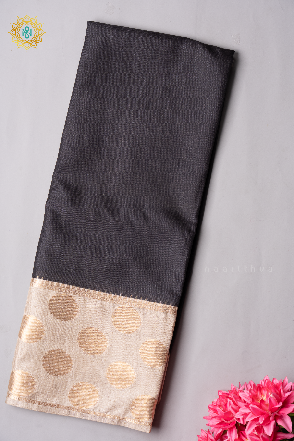 BLACK WITH BEIGE - SEMI TUSSAR SILK