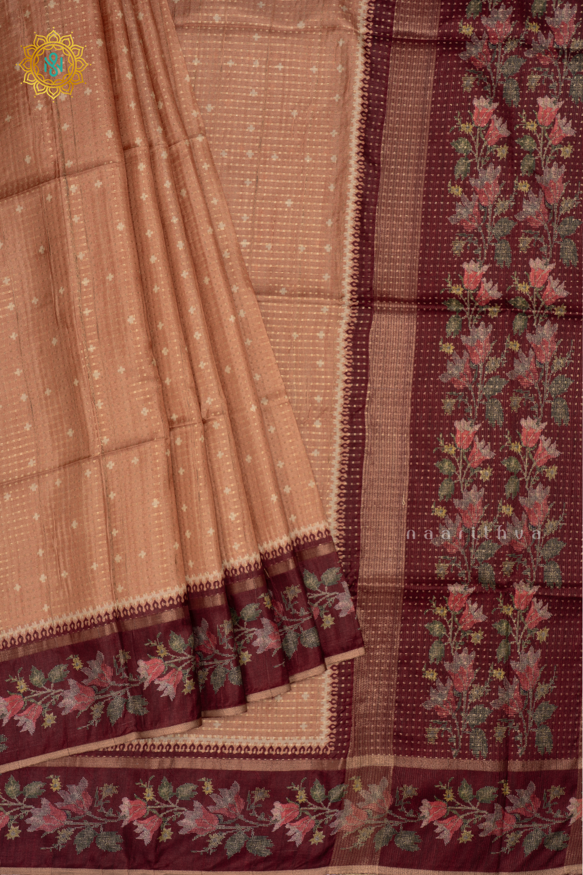 PEACH WITH MAROON - SEMI TUSSAR SILK