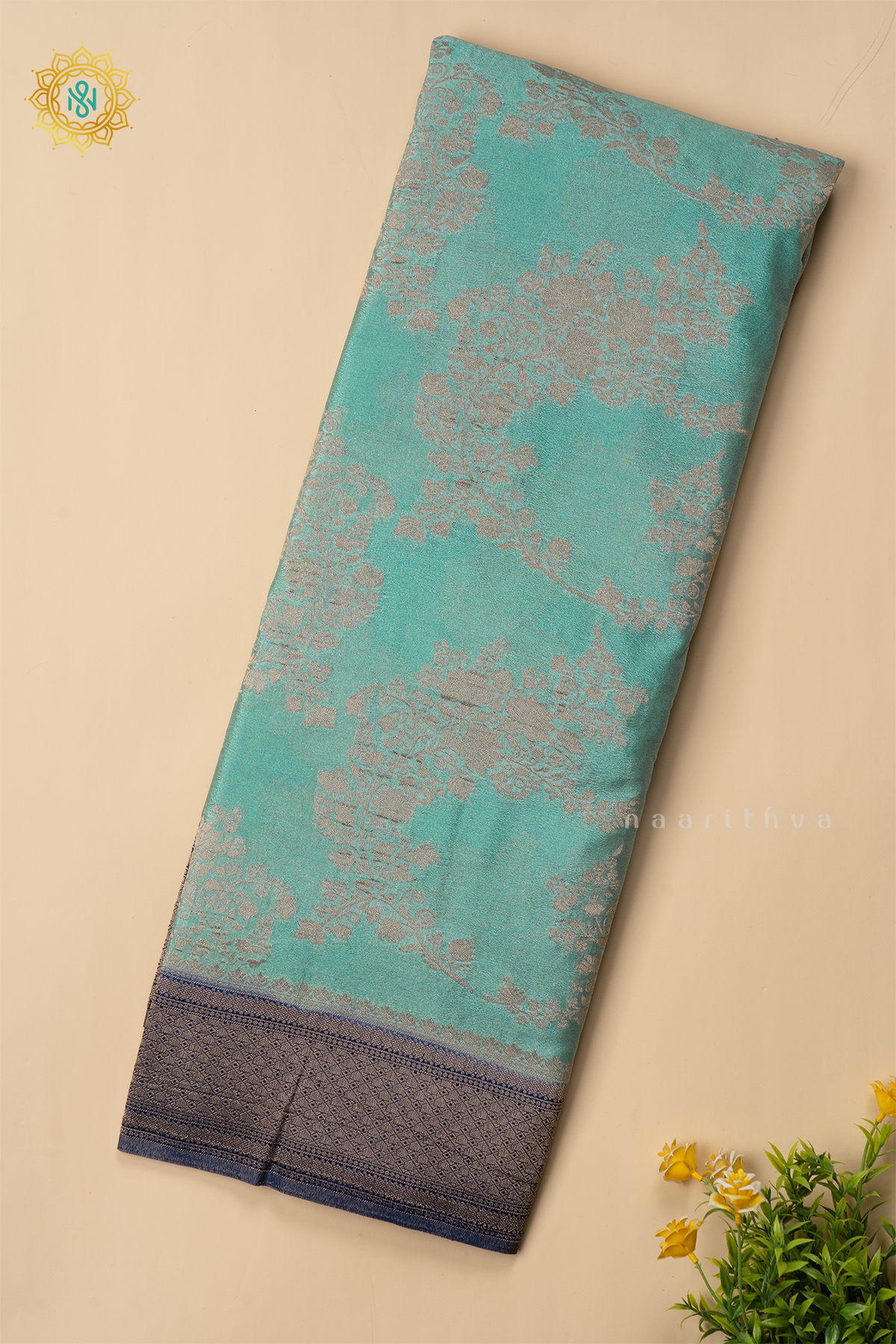 AQUA GREEN WITH NAVY BLUE - SEMI CREPE GEORGETTE