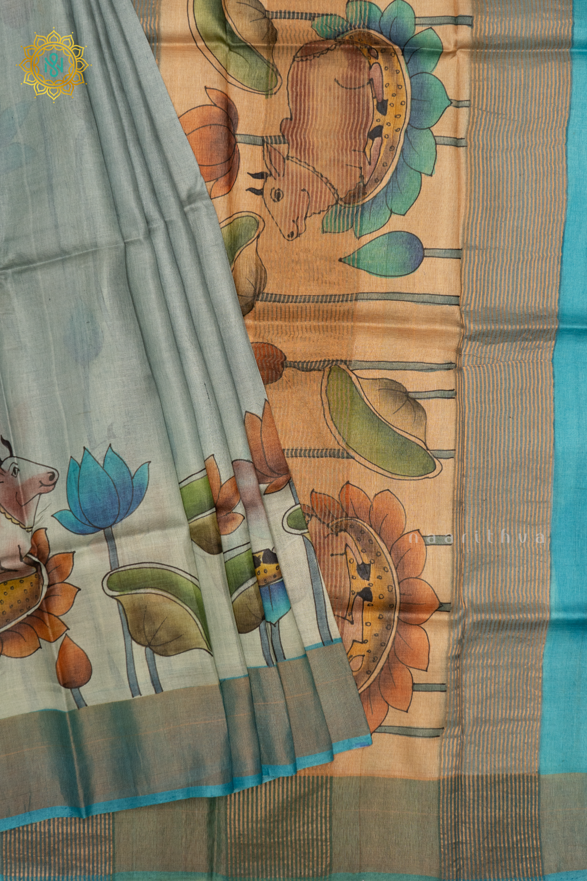 AQUA BLUE WITH SKY BLUE - PURE TUSSAR SILK