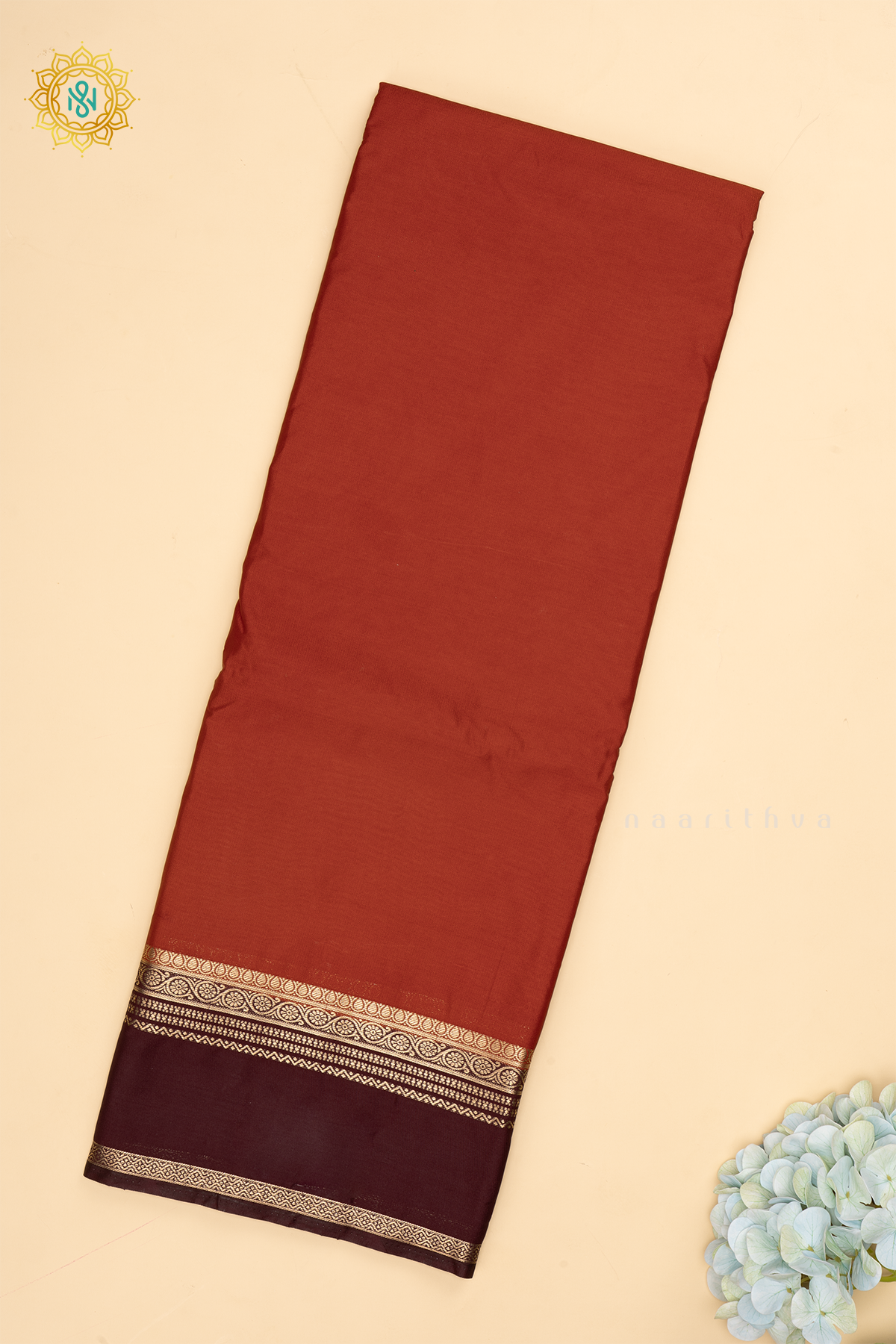 Rust Orange With Deep Wine Semi Mysore Crepe Silk Saree Plain Body With Contrast Zari Gap Border