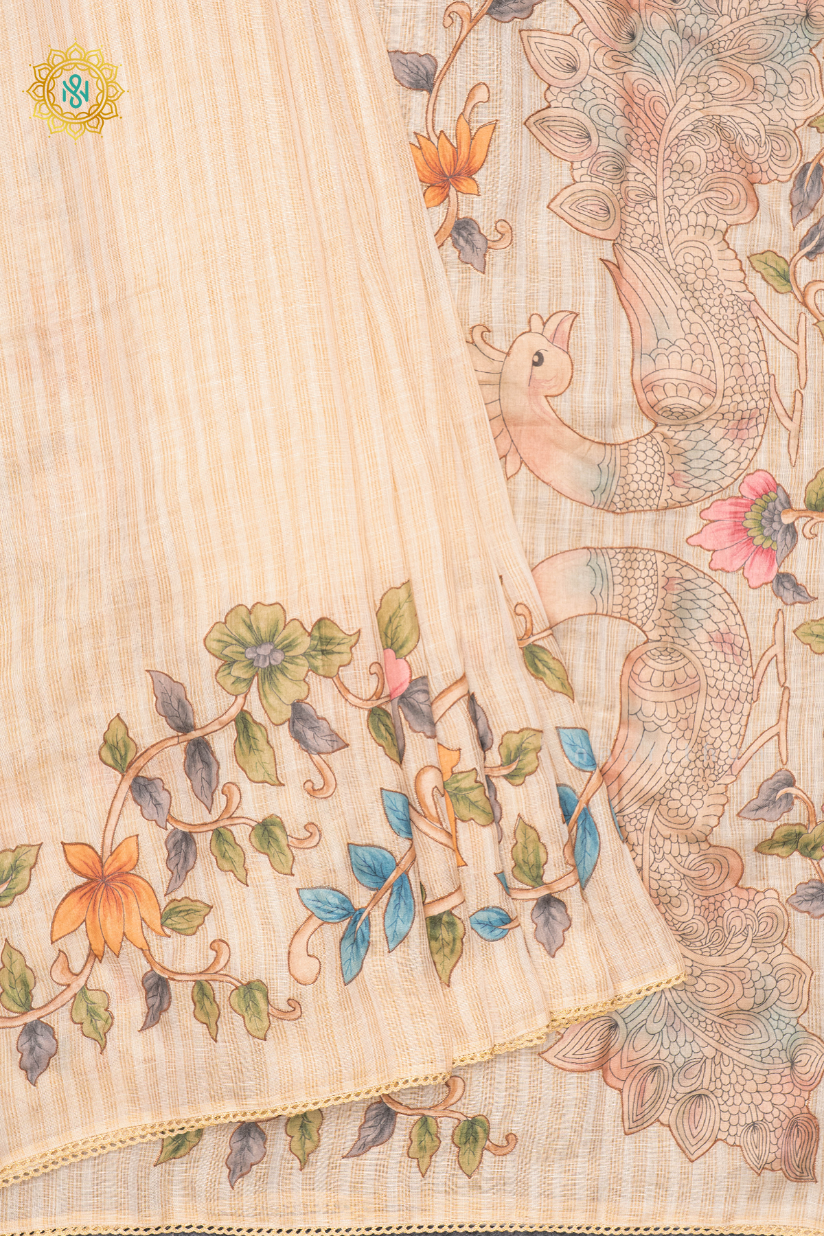 OFF WHITE WITH PEACH - LINEN TISSUE WITH APPLIQUE WORK