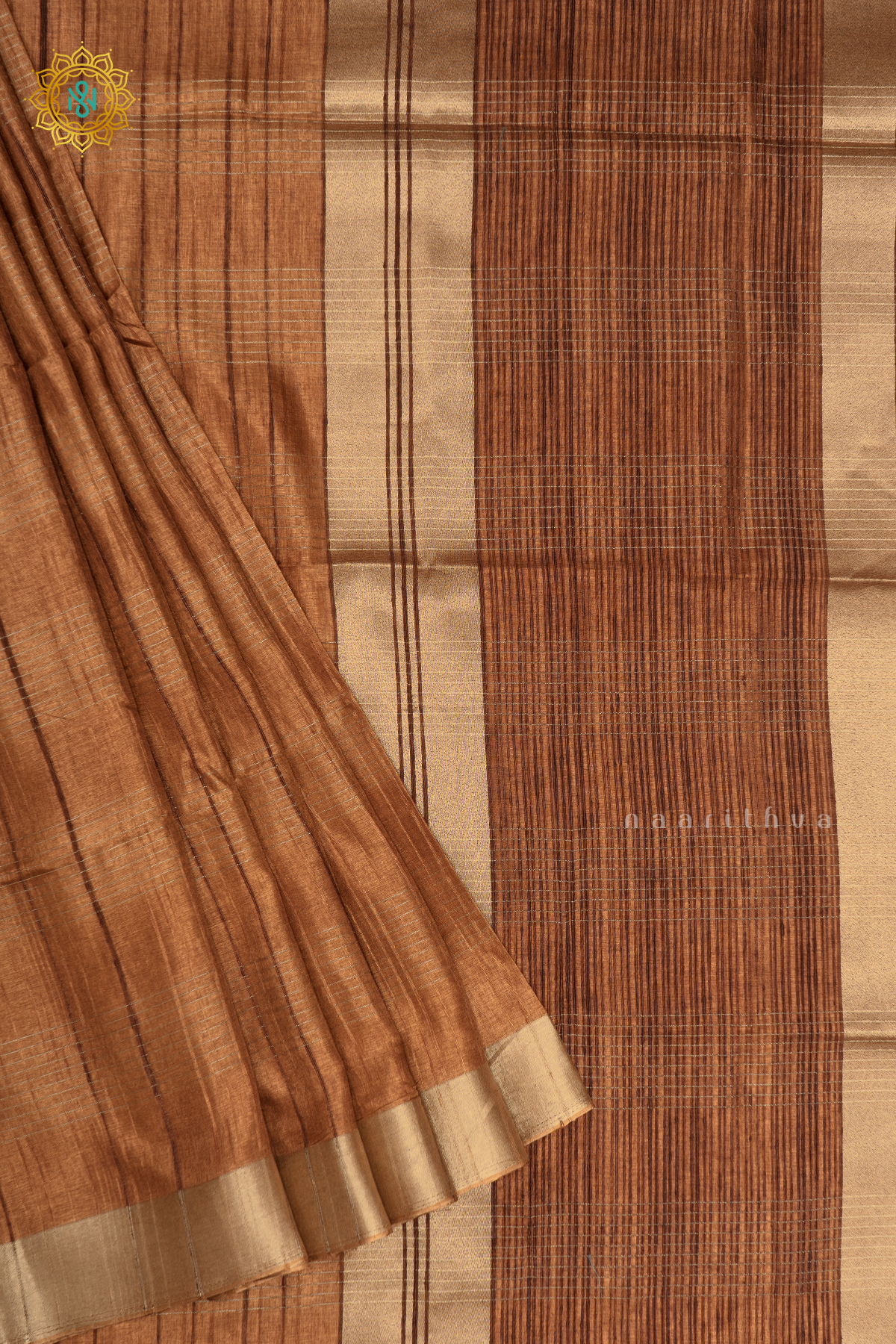 Brown Semi Tussar Silk With Saree With Zari Stripes On The Body And Zari Border