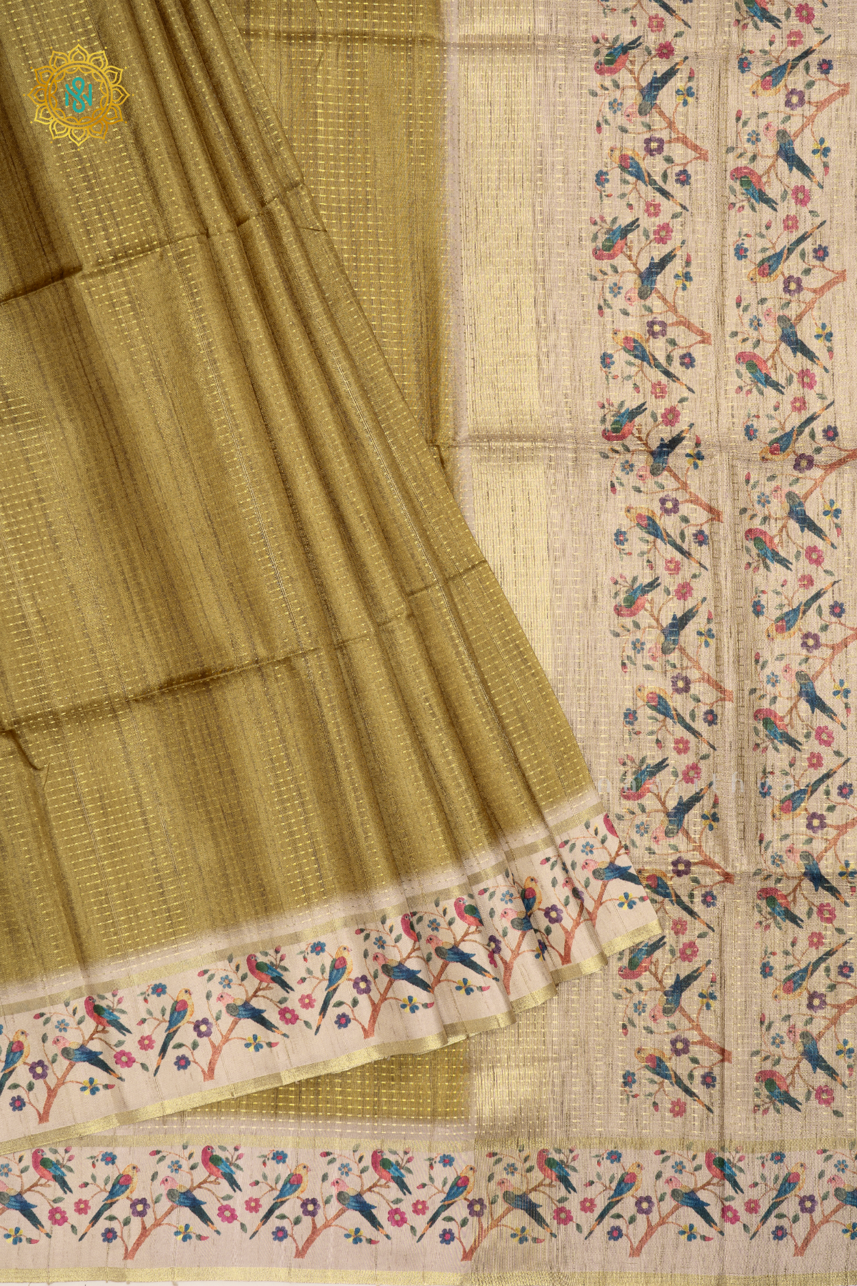 Olive Green With Beige Semi Tussar Silk Saree With Zari Stripes & Buttas On The Body, Printed Border And Contrast Blouse
