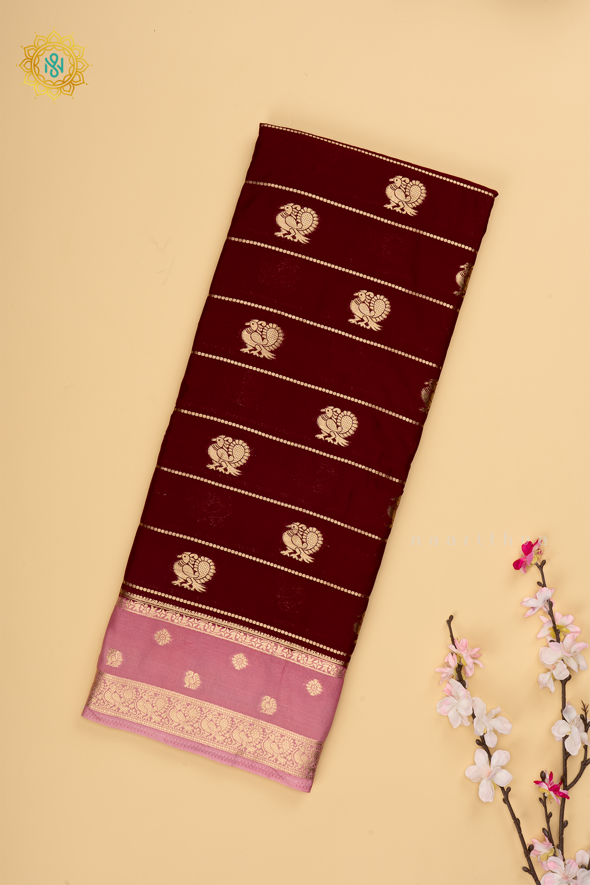 Brown with light Pink Semi Mysore Crepe Silk Saree with All-Over Zari Stripes and Zari Buttas on the Body and a Contrast Zari Border