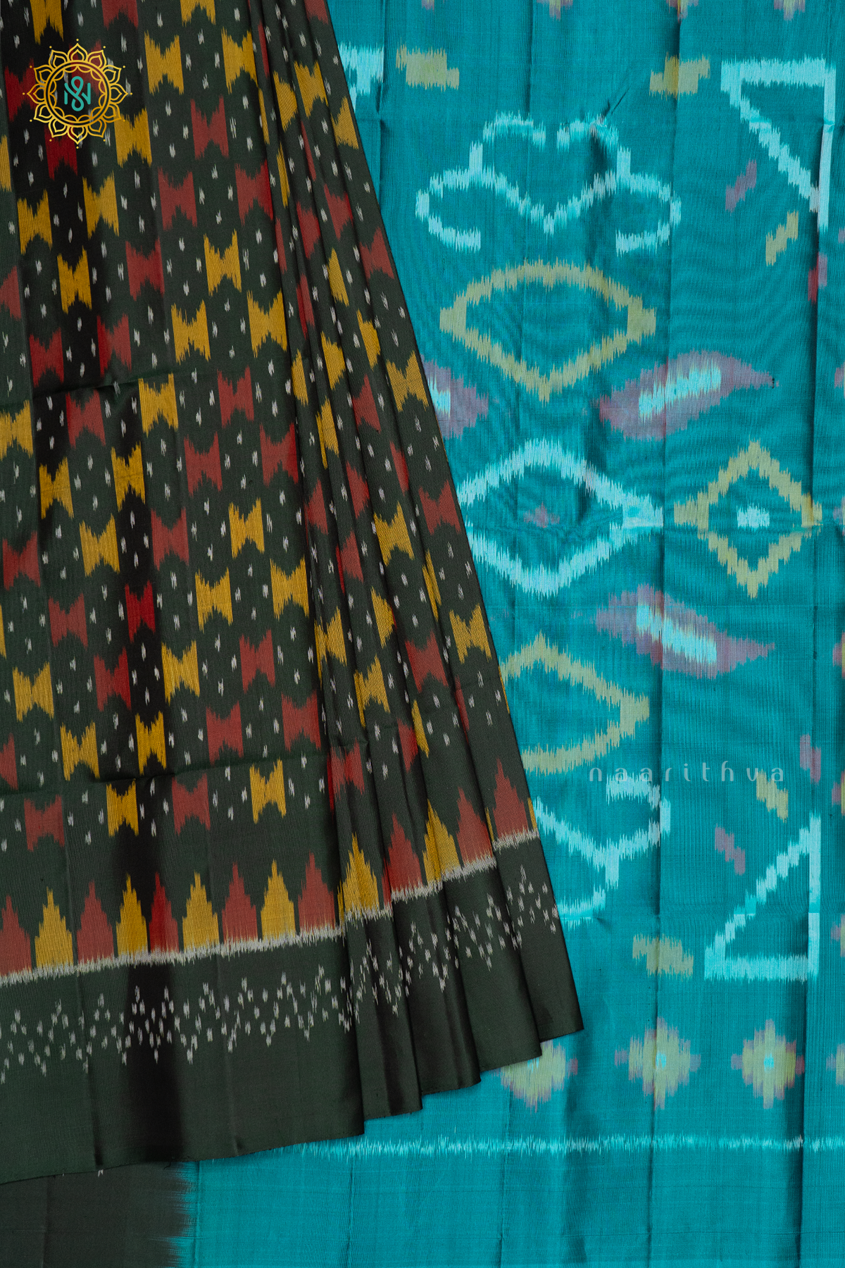 BOTTLE GREEN WITH CYAN GREEN - PURE KANJIVARAM IKAT SOFT SILK