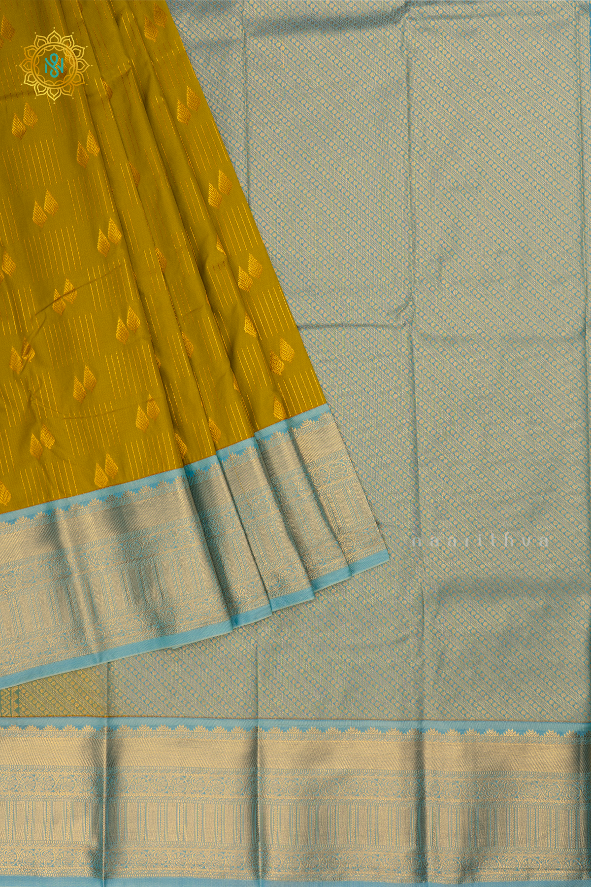 Olive Yellow with Blue Semi Kanchi Saree With Zari Buttas All Over And Contrast Zari Border