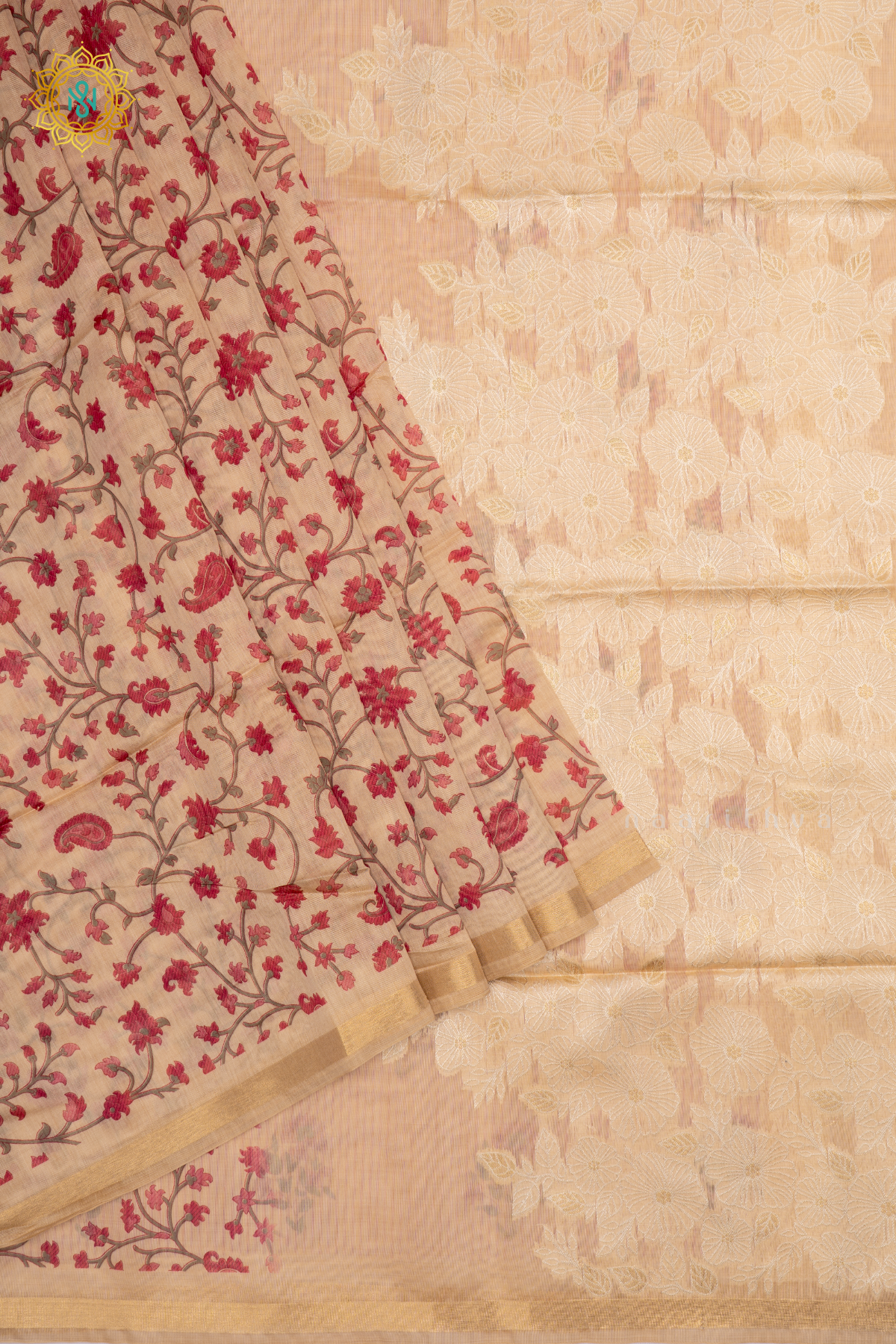 Beige With Pink Linen By Cotton Saree With Kalamkari Prints On The Body