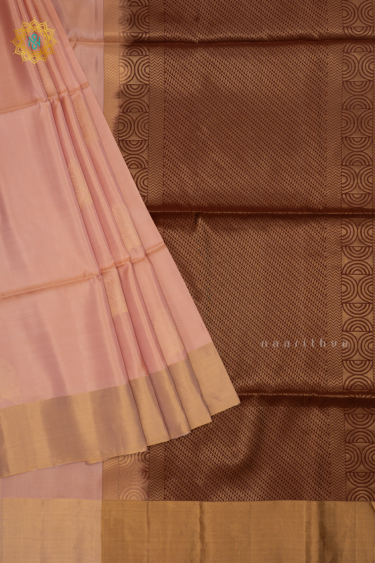 Peachish Pink with Brown Pure Mix Kanjivaram Soft Silk Saree with All-Over Zari Buttas and a Contrast Zari Border
