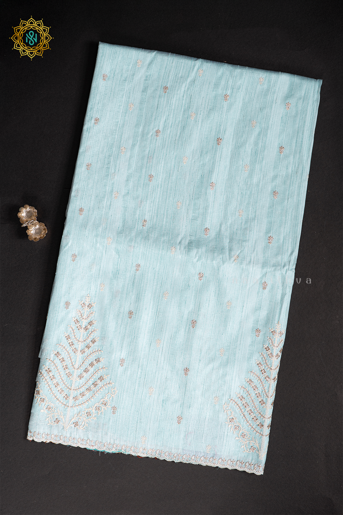 AQUA BLUE - SEMI TUSSAR WITH EMBROIDERY