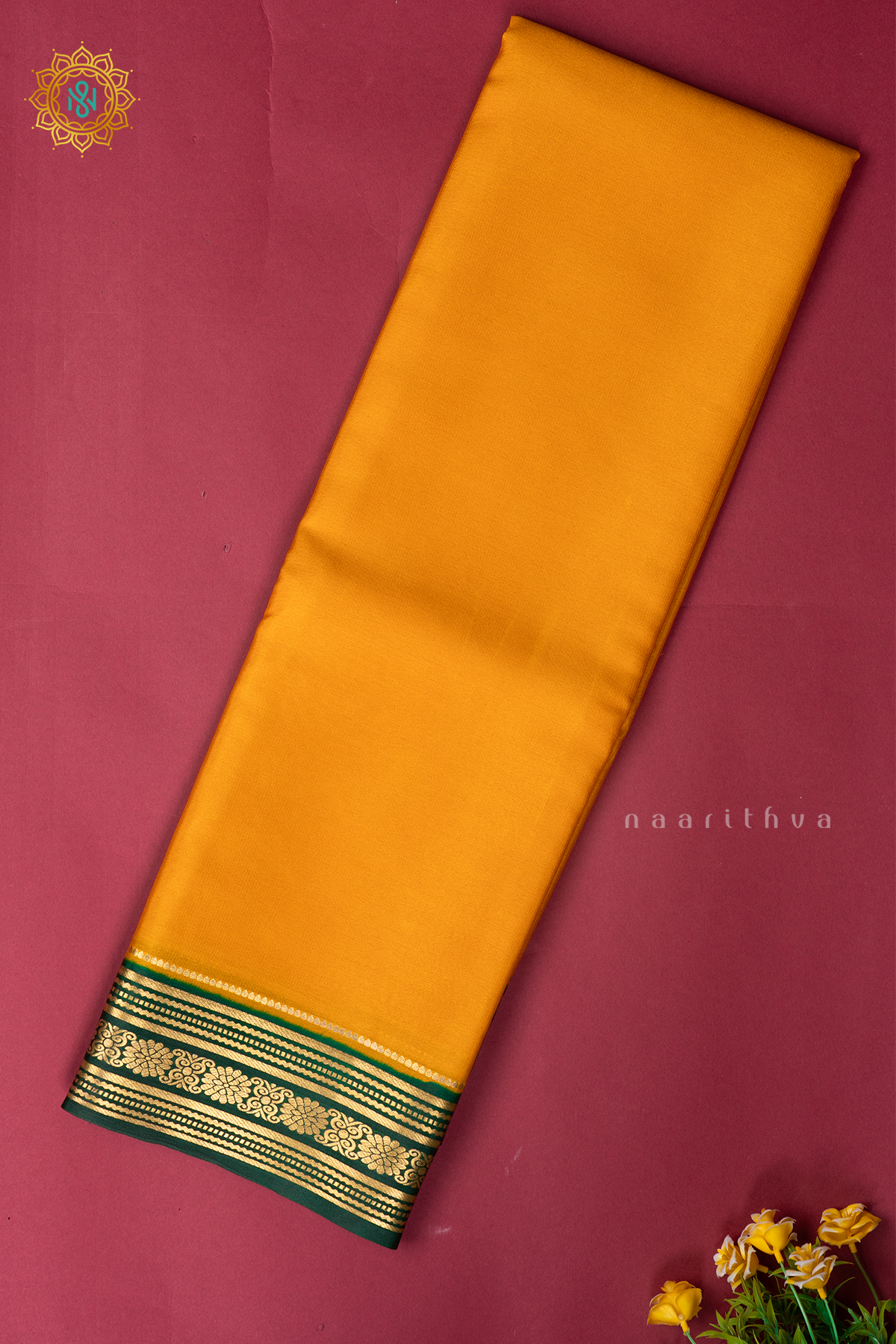 YELLOW WITH GREEN - PURE MYSORE CREPE SILK