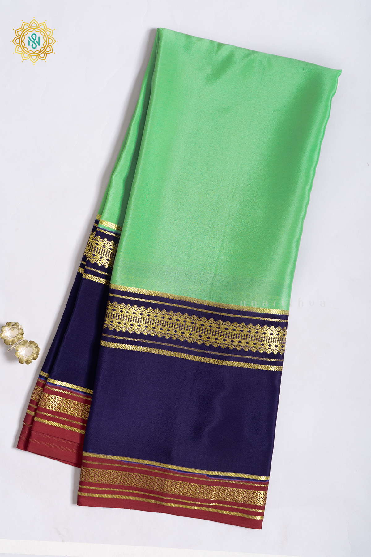 AQUA GREEN WITH NAVY BLUE & MAROON - PURE MYSORE CREPE SILK