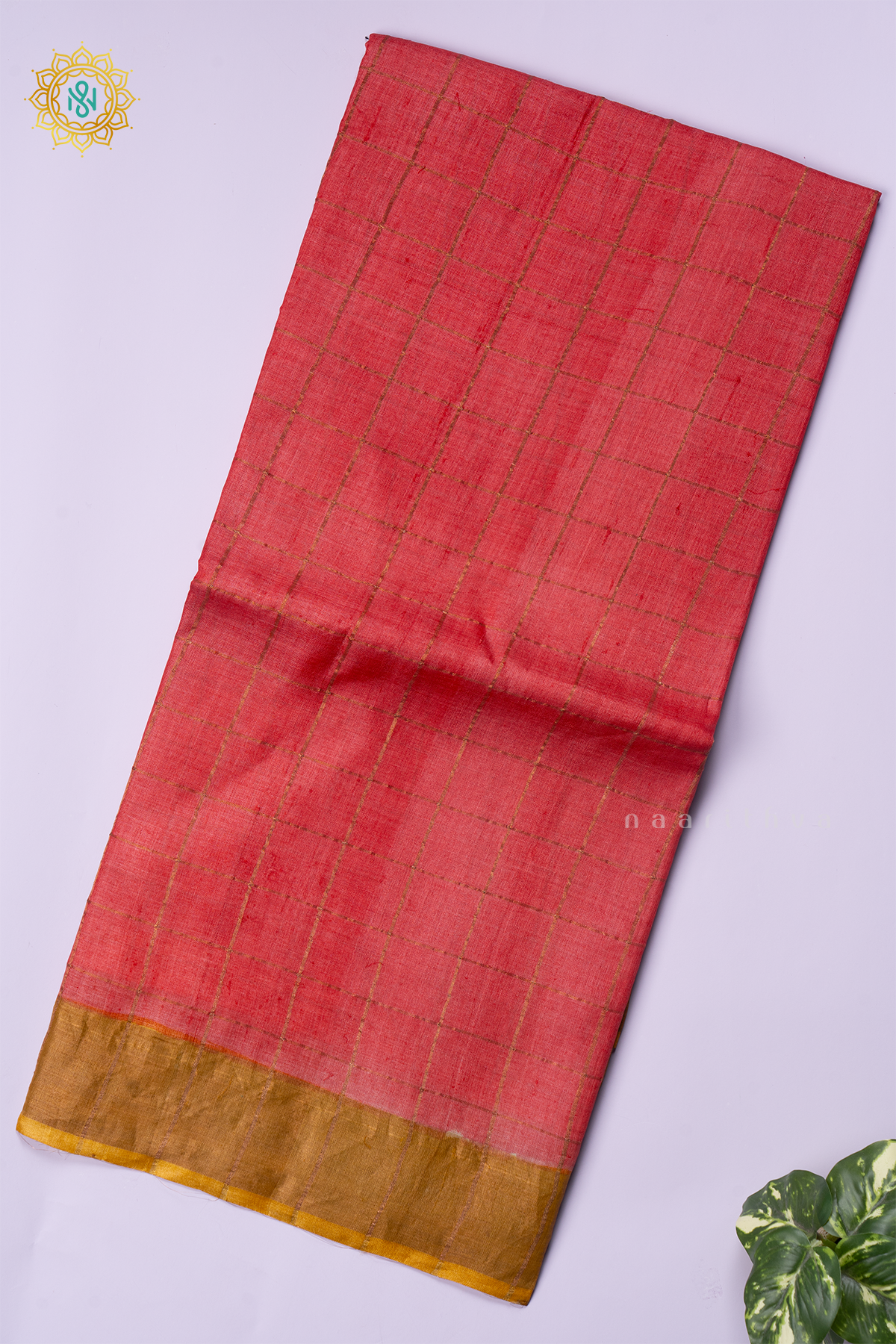 PEACHISH RED WITH YELLOW - PURE TUSSAR SILK