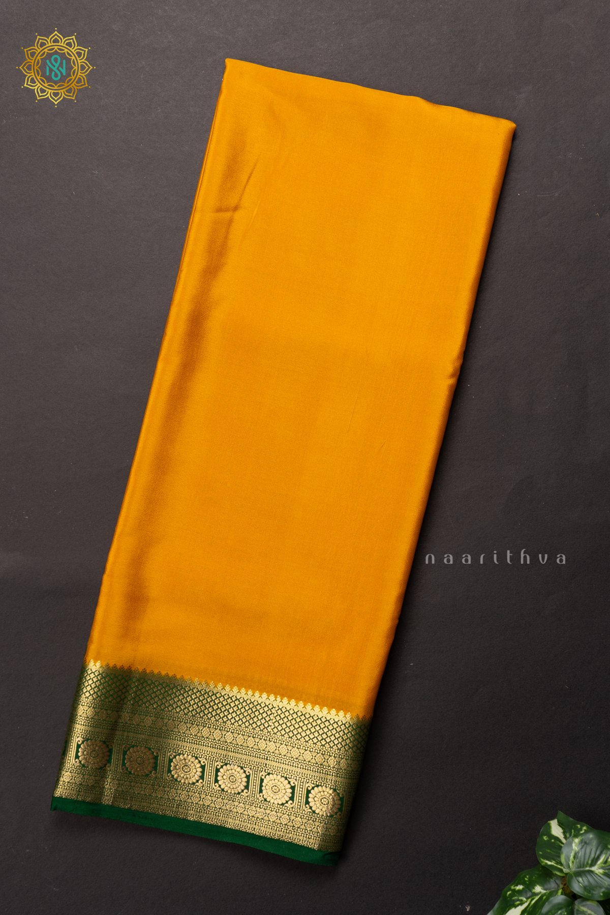 YELLOW WITH GREEN - PURE MYSORE CREPE SILK