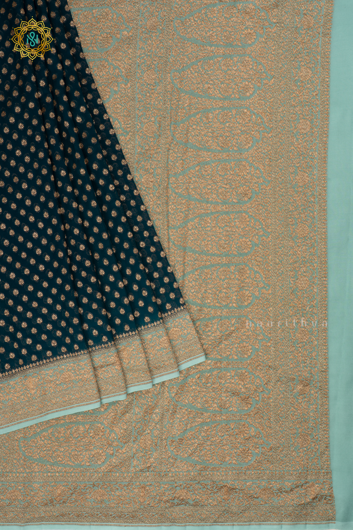 Peacock Blue with light Blue - Pure Banarasi Georgette Saree Allover Zari Buttas with Contrast Zari border