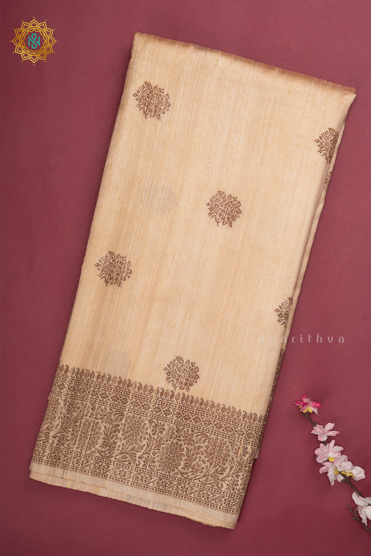 Off White with Pink Pure Banarasi Raw Silk Saree With Allover Zari Buttas And Zari Border