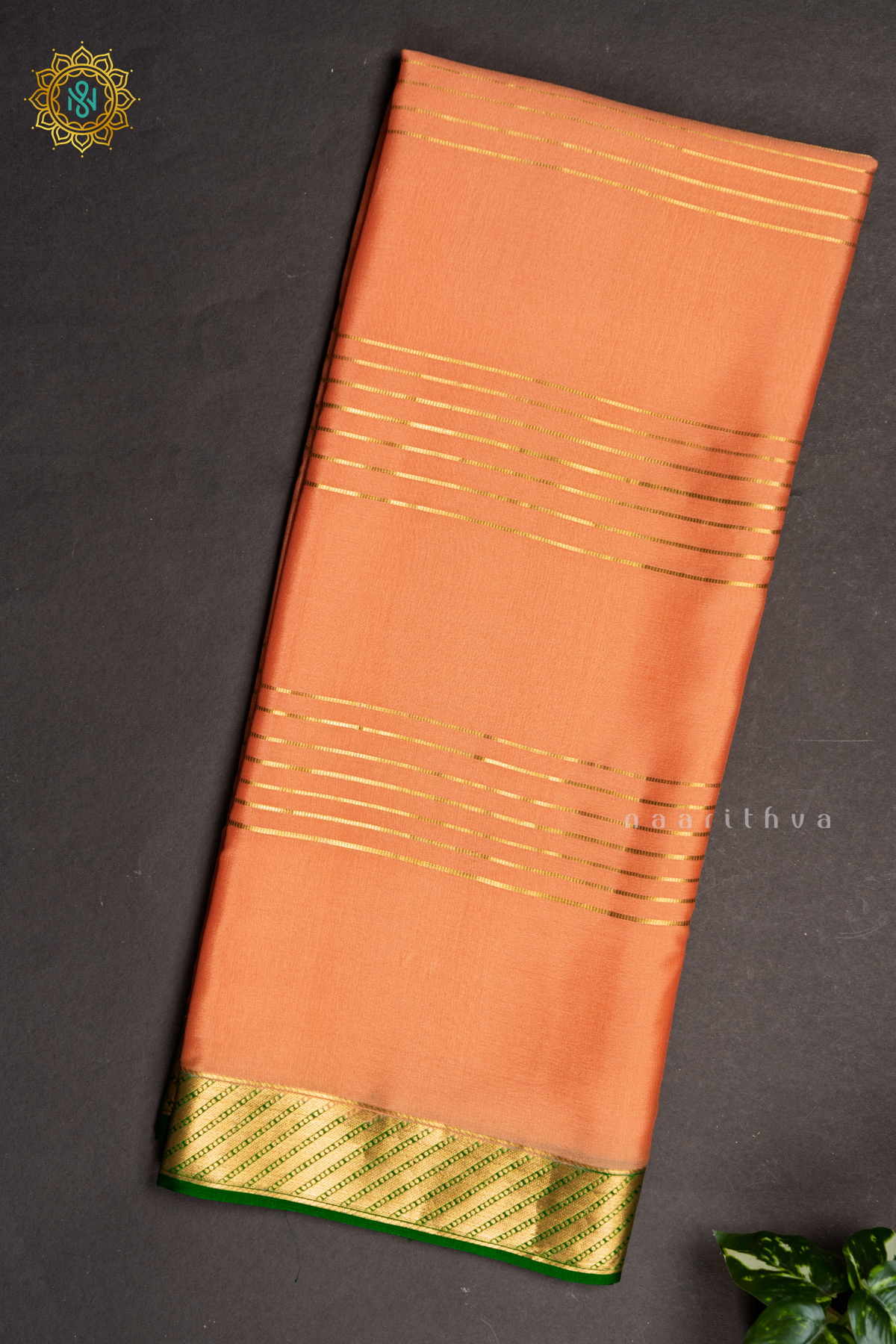 PEACHISH ORANGE WITH GREEN - PURE MYSORE CREPE SILK