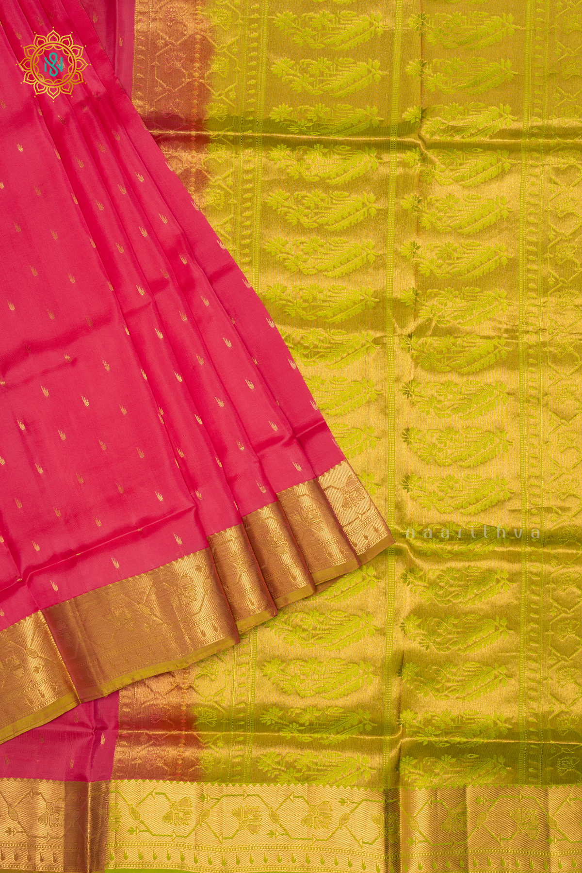 Pink with parrot Green Pure Mix Kanjivaram Soft Silk Saree with All-Over Zari Buttas and a Contrast Zari Border