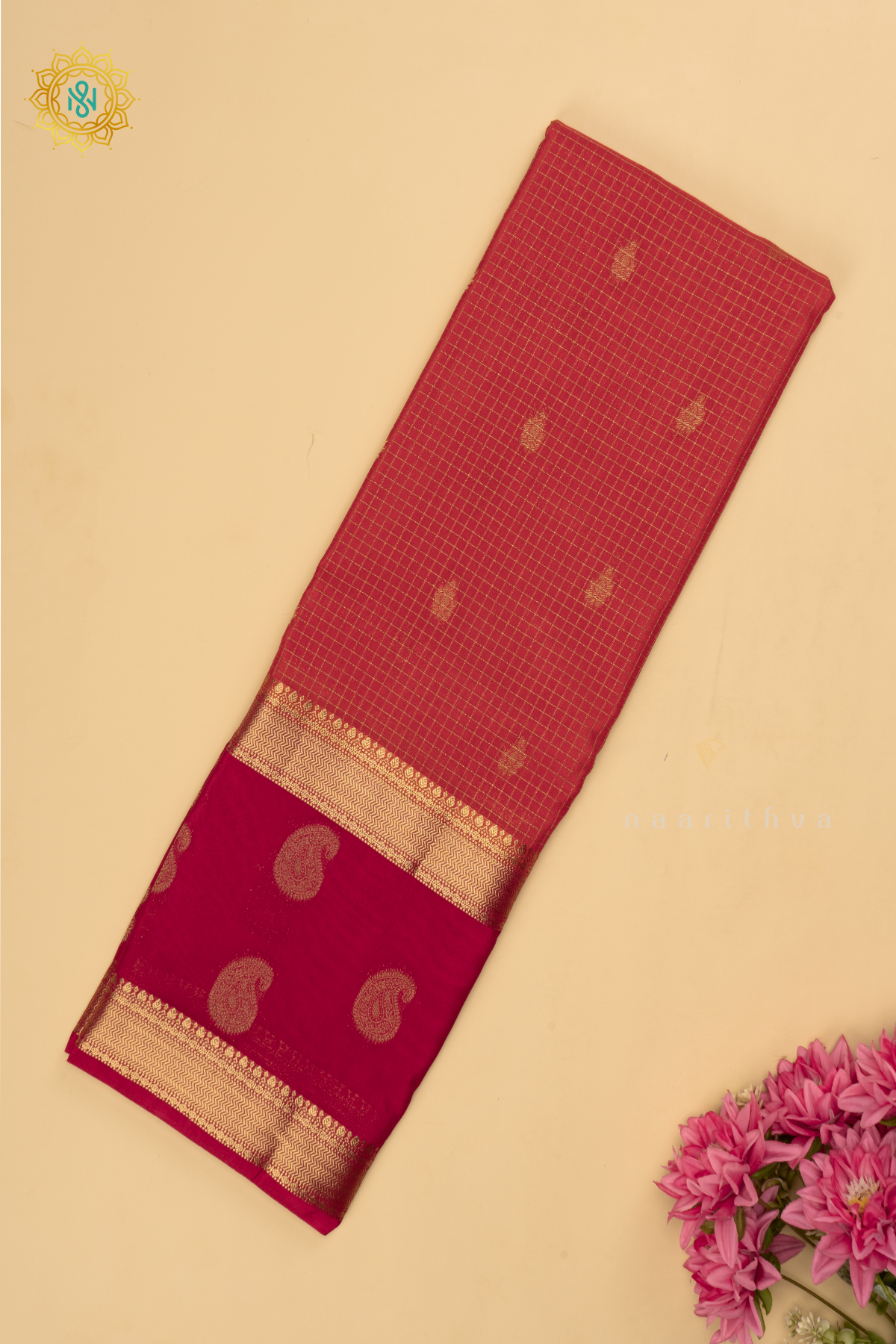Orange with Rani Pink Semi Mysore Crepe Silk Saree with All-Over Zari Checks and Buttas and a Contrast Zari Gap Border