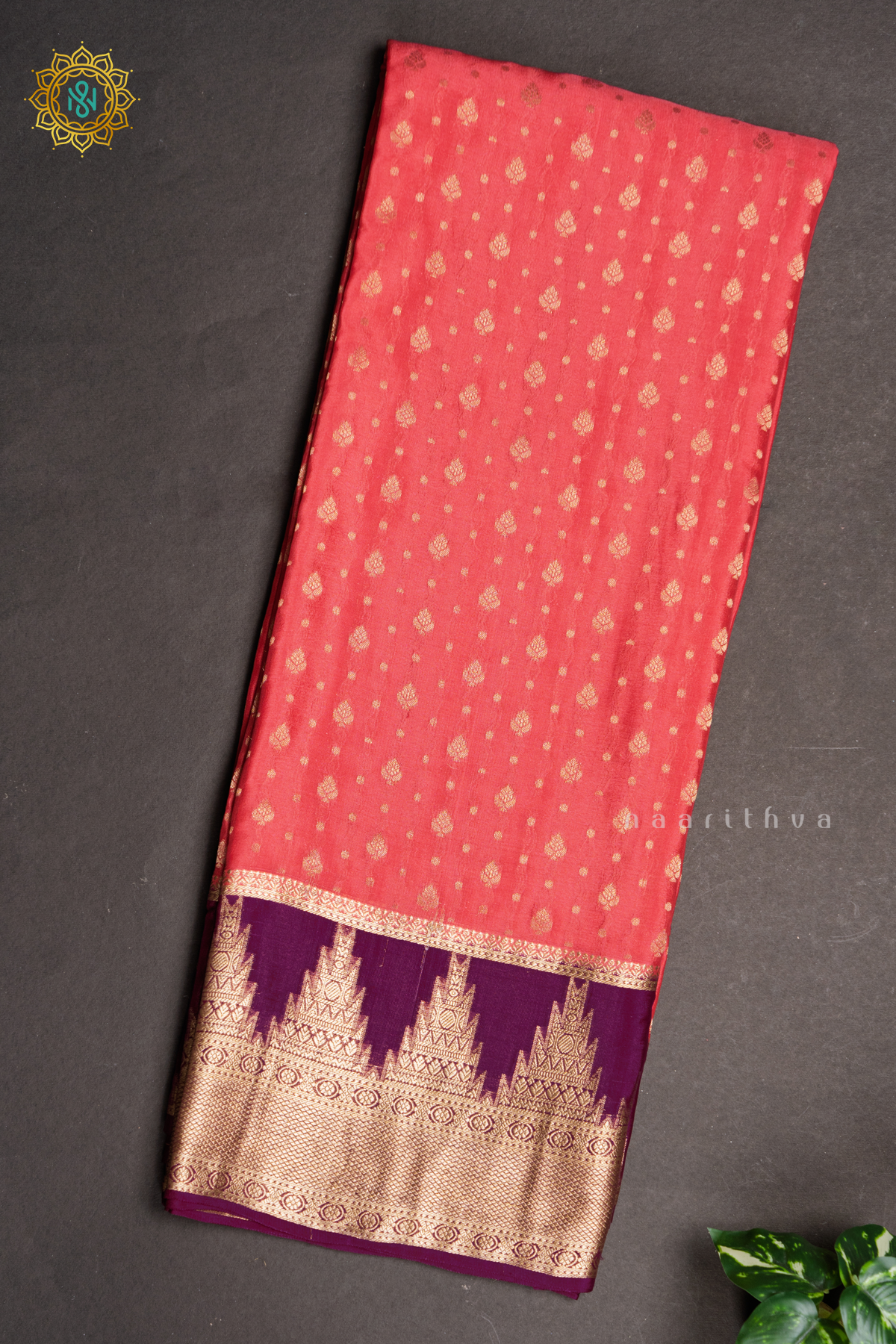 PEACHISH PINK WITH WINE - PURE MYSORE CREPE SILK