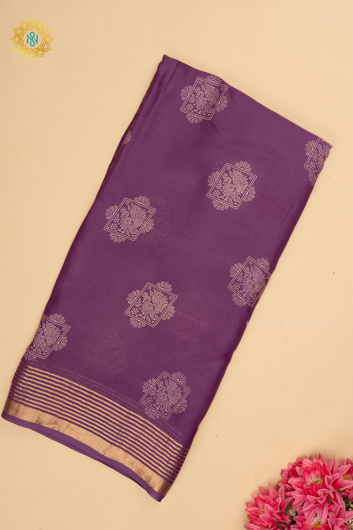 Lavender Chiffon Georgette Saree Printed Body With Zari Border