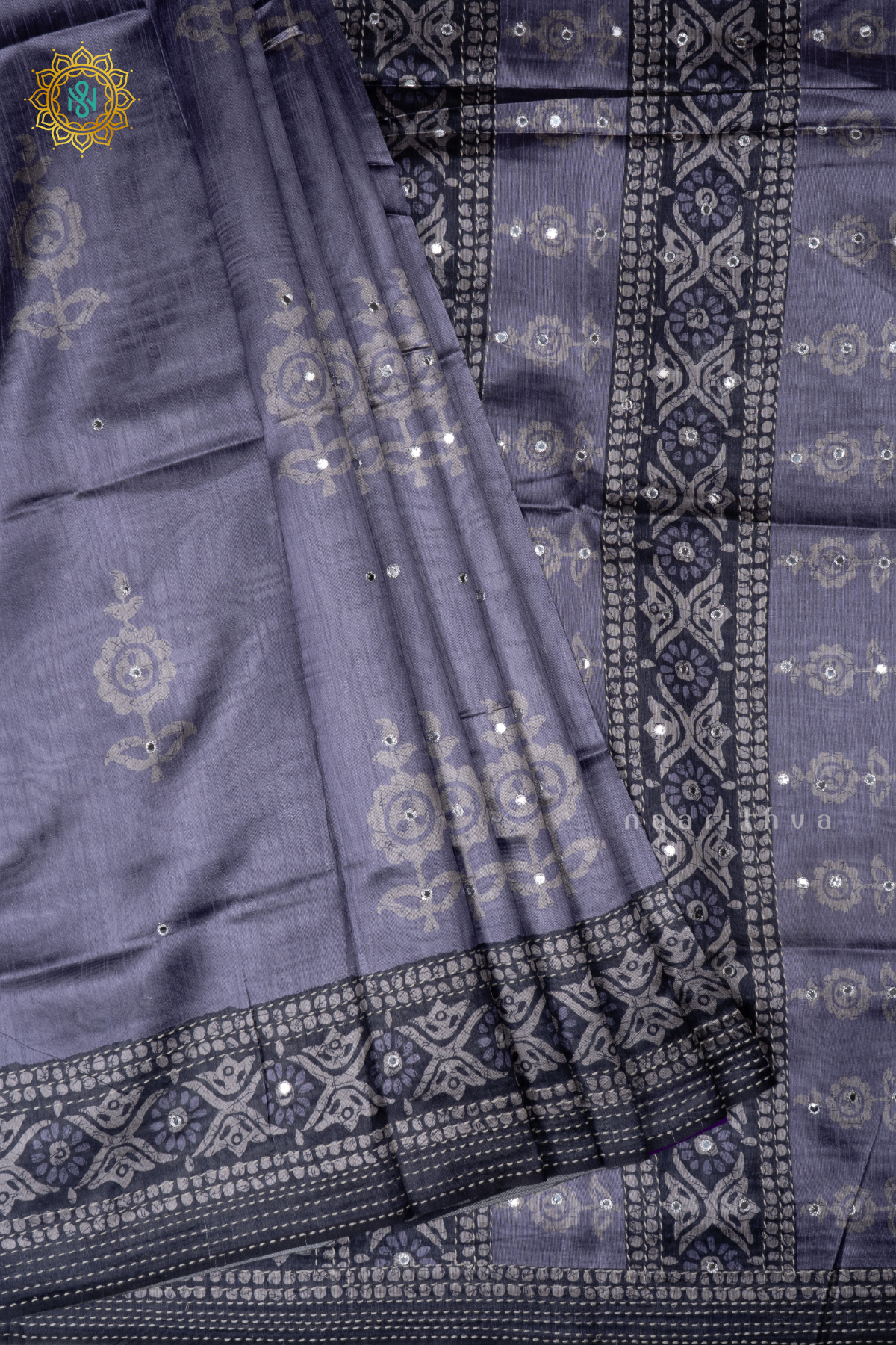Greyish Blue With Elephant Grey Semi Tussar Silk Saree With Ikkat Print Border